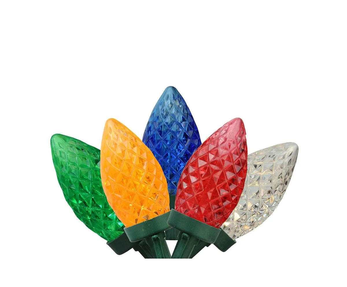 100 Commercial Length Multi-Color LED Faceted C9 Christmas Lights on Spool 5" Spacing - Green Wire