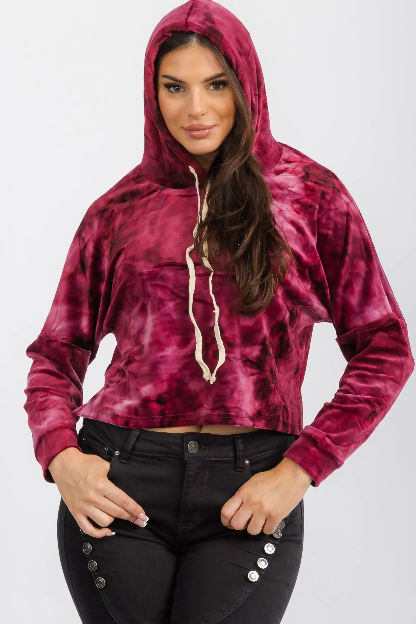 156612 - Tie-Dye Cropped Hoodie with Drawstring Detail