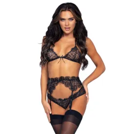 3 Pc Rhinestone Lace Bra Top Panty and Garter Belt Set - Medium - Black