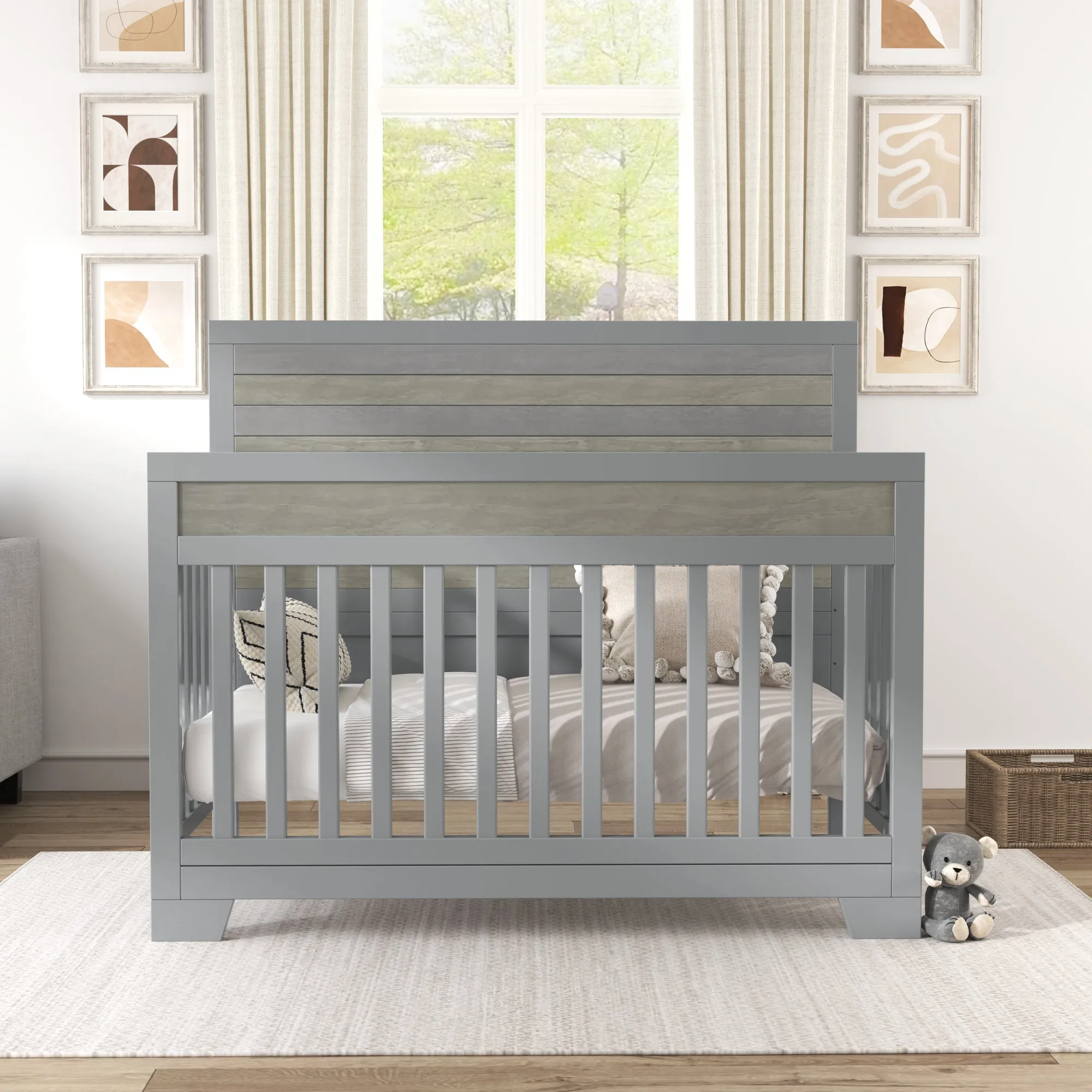 3 Pieces Nursery Sets Baby Crib and Changer Dreeser with Removable Changing Tray Bedroom Sets Gray