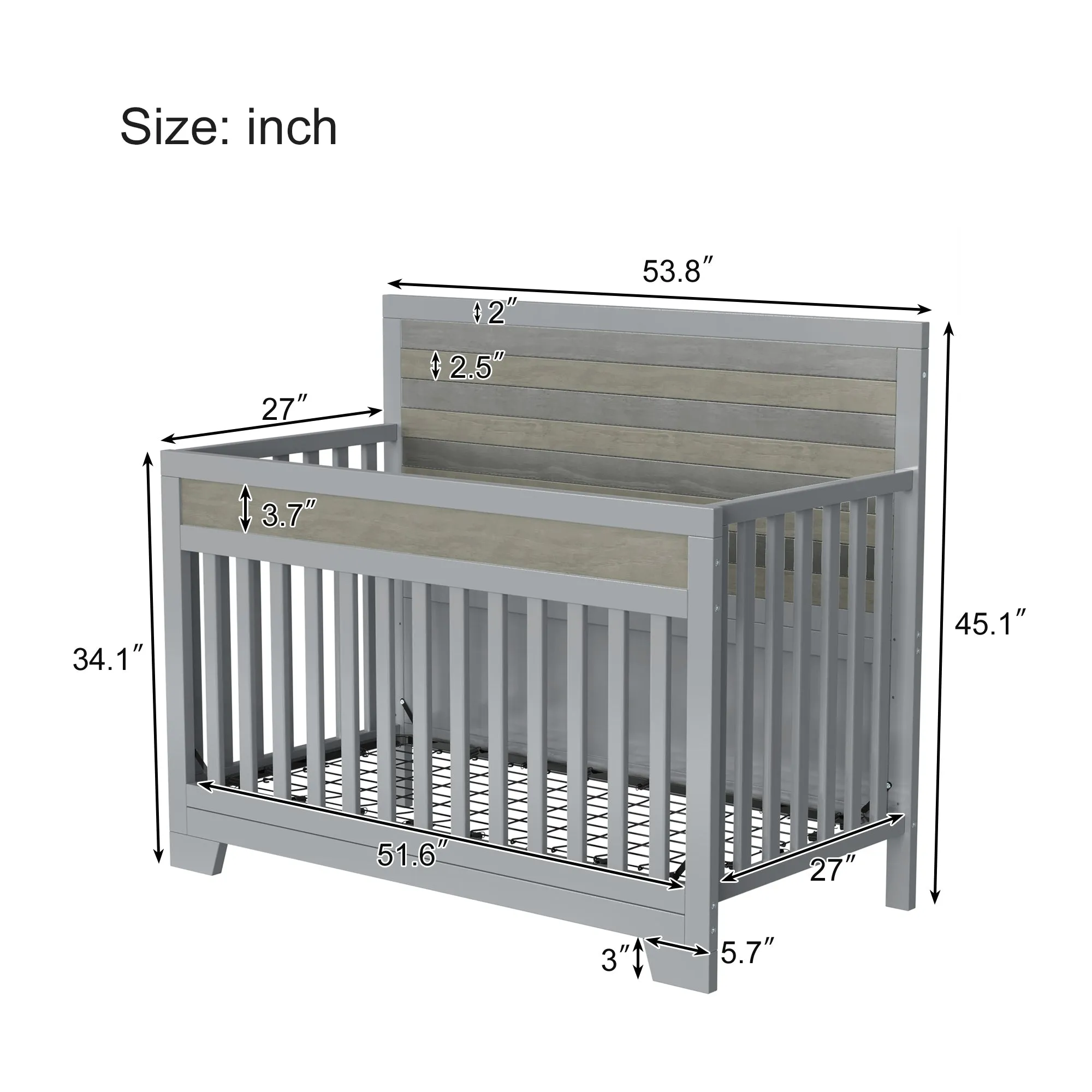 3 Pieces Nursery Sets Baby Crib and Changer Dreeser with Removable Changing Tray Bedroom Sets Gray