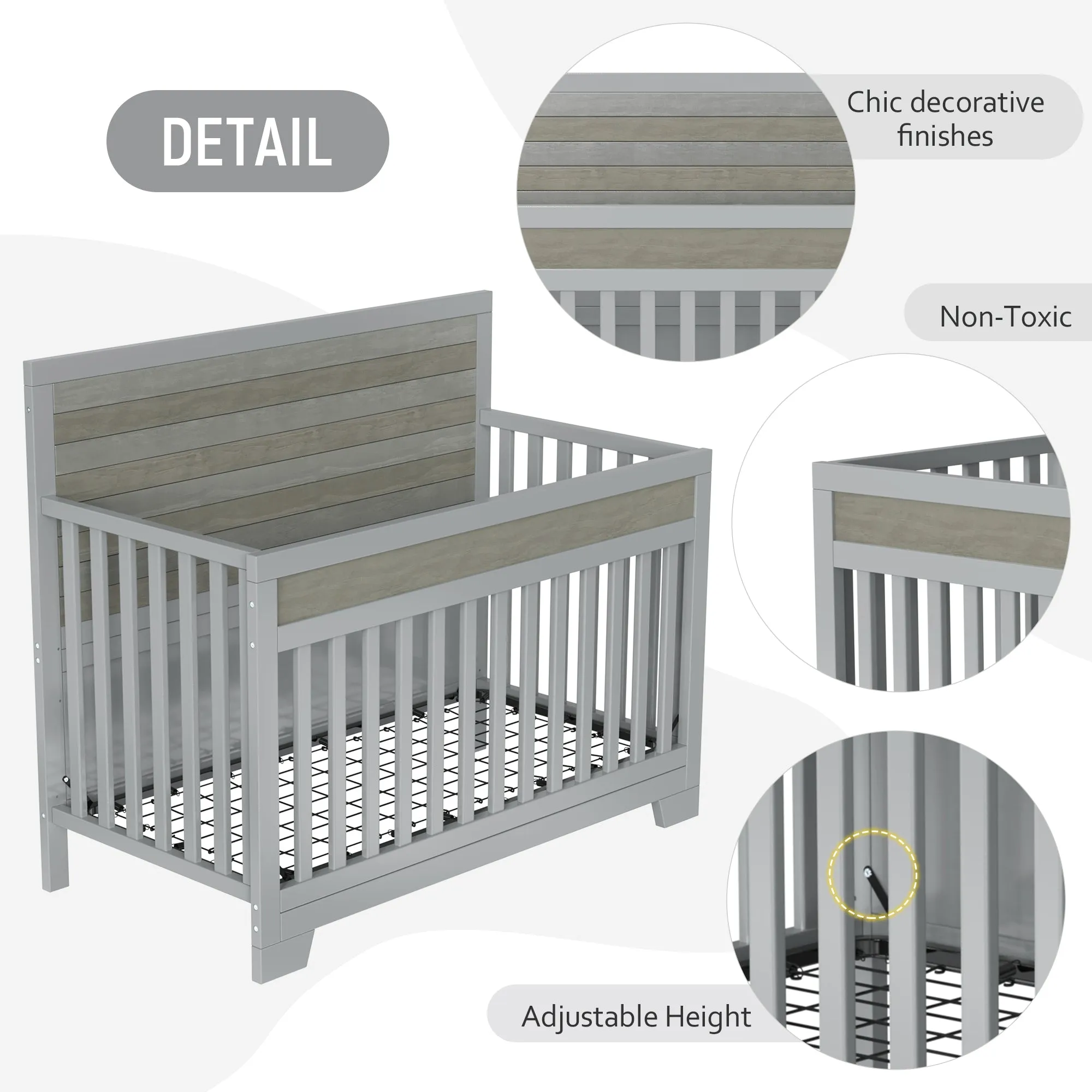 3 Pieces Nursery Sets Baby Crib and Changer Dreeser with Removable Changing Tray Bedroom Sets Gray