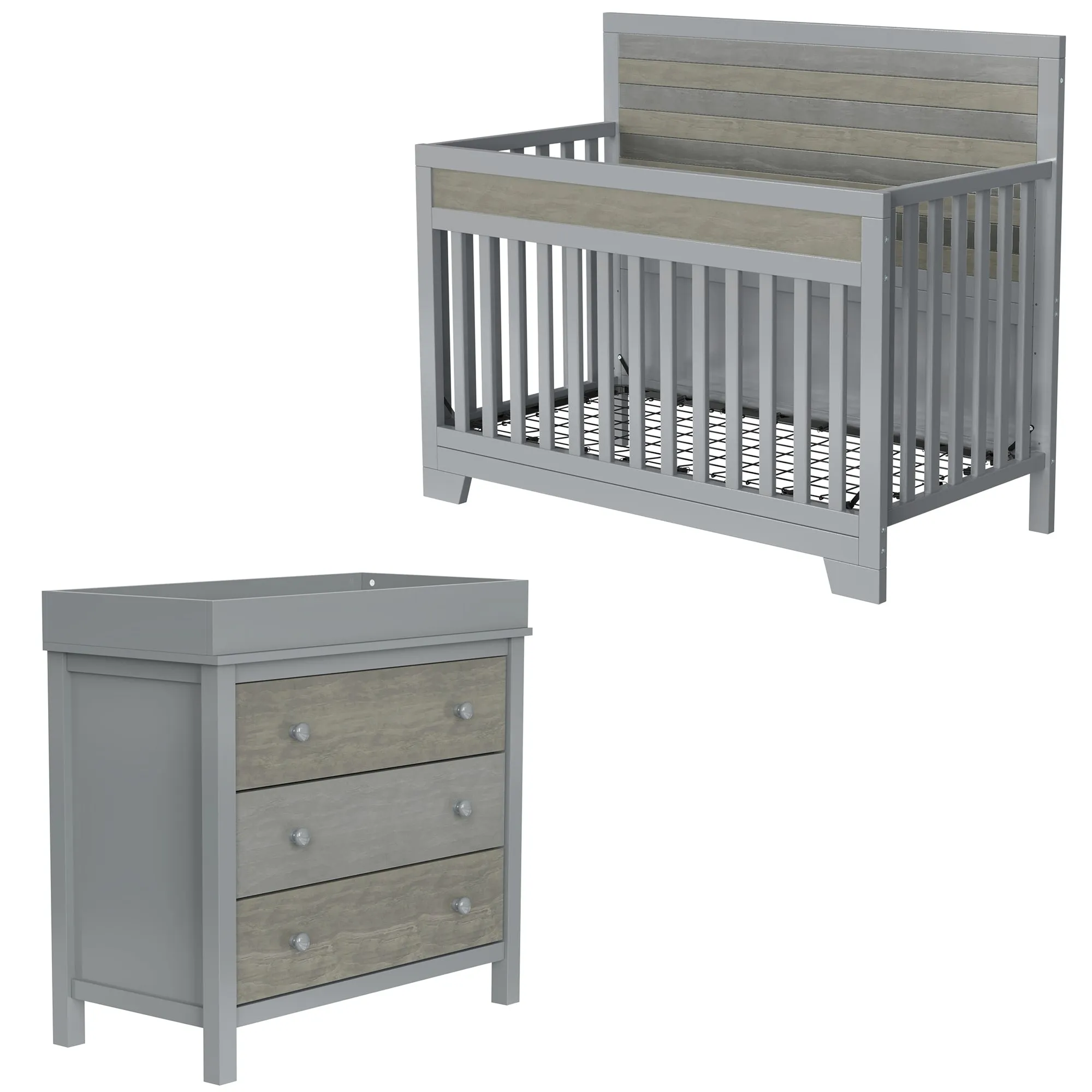 3 Pieces Nursery Sets Baby Crib and Changer Dreeser with Removable Changing Tray Bedroom Sets Gray