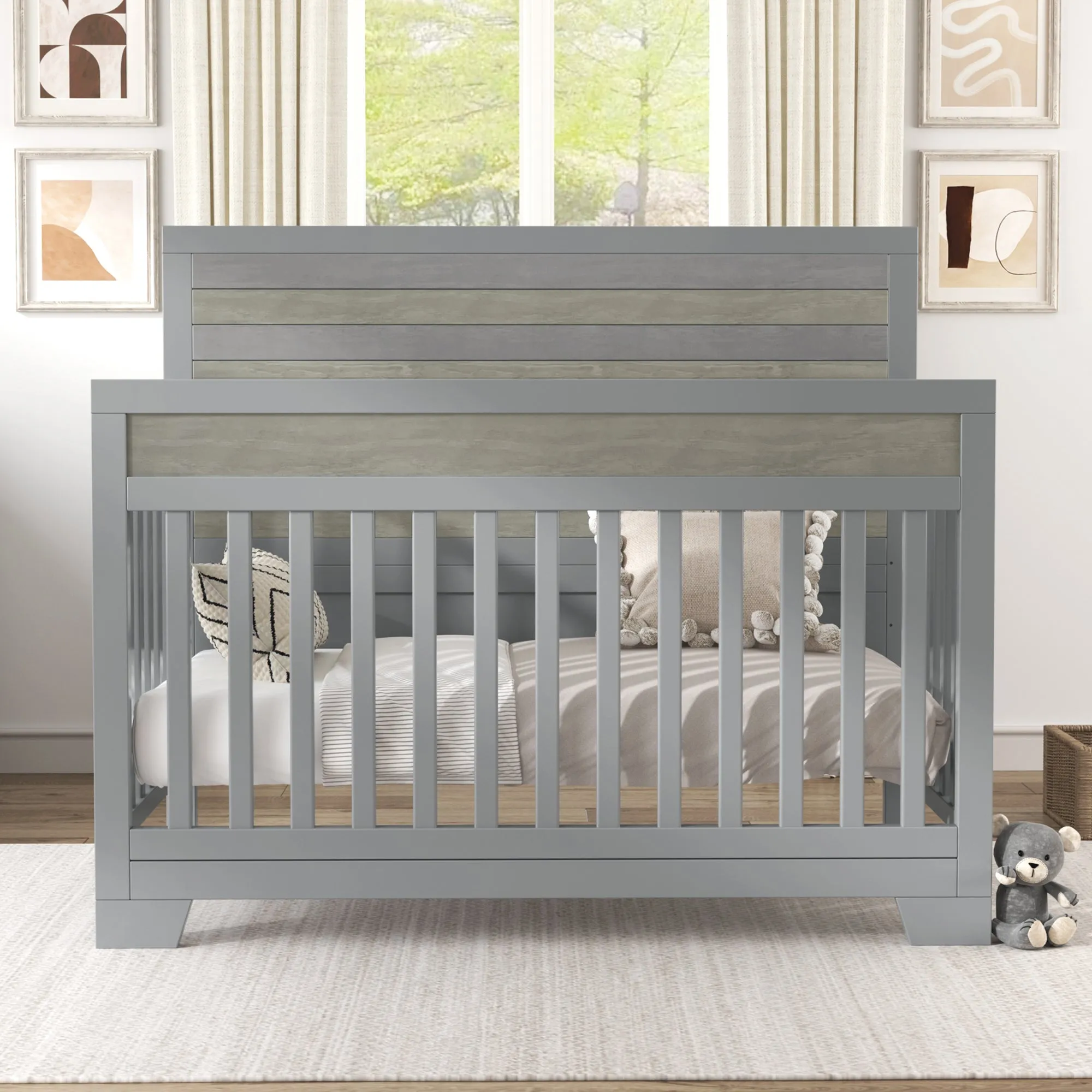 3 Pieces Nursery Sets Baby Crib and Changer Dreeser with Removable Changing Tray Bedroom Sets Gray