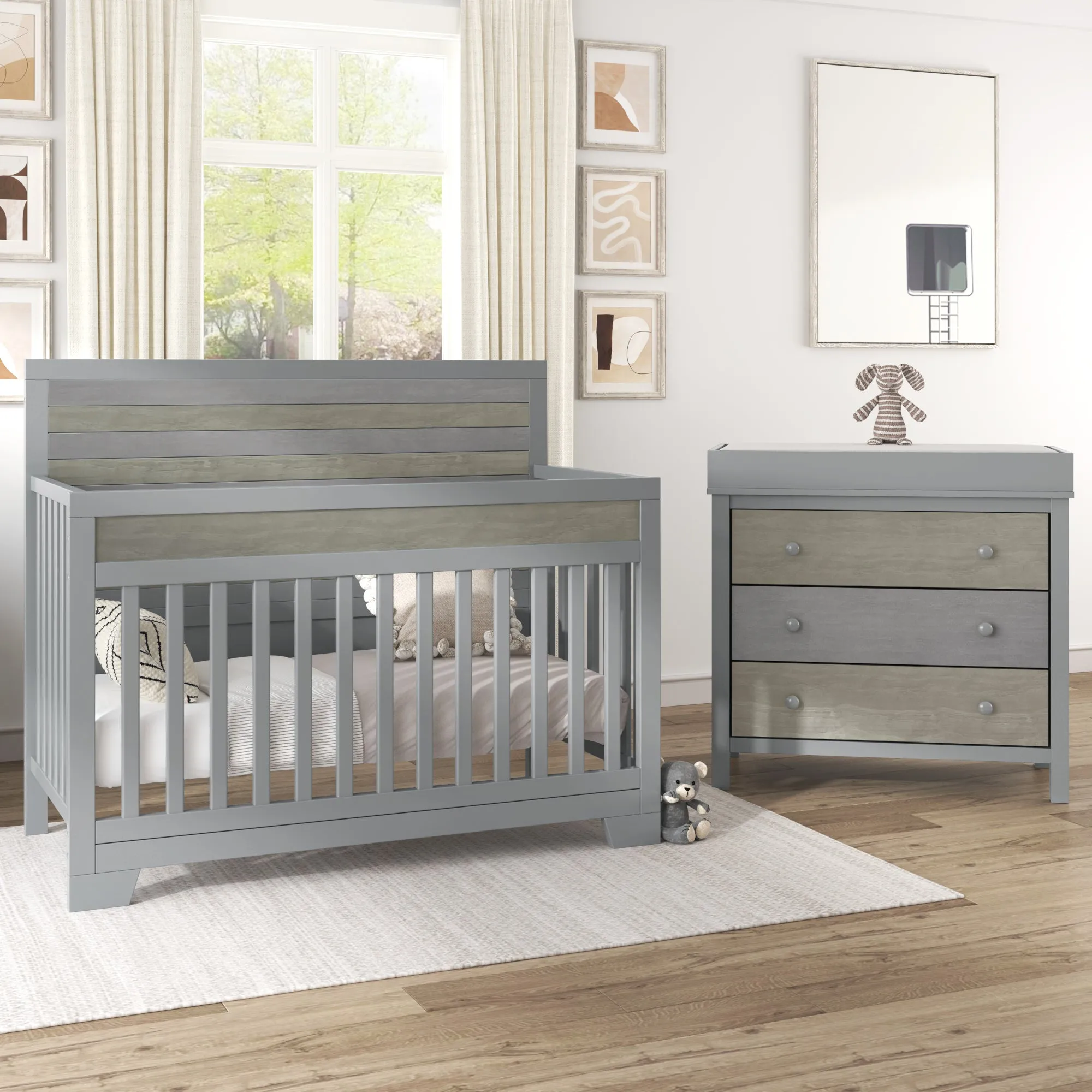 3 Pieces Nursery Sets Baby Crib and Changer Dreeser with Removable Changing Tray Bedroom Sets Gray