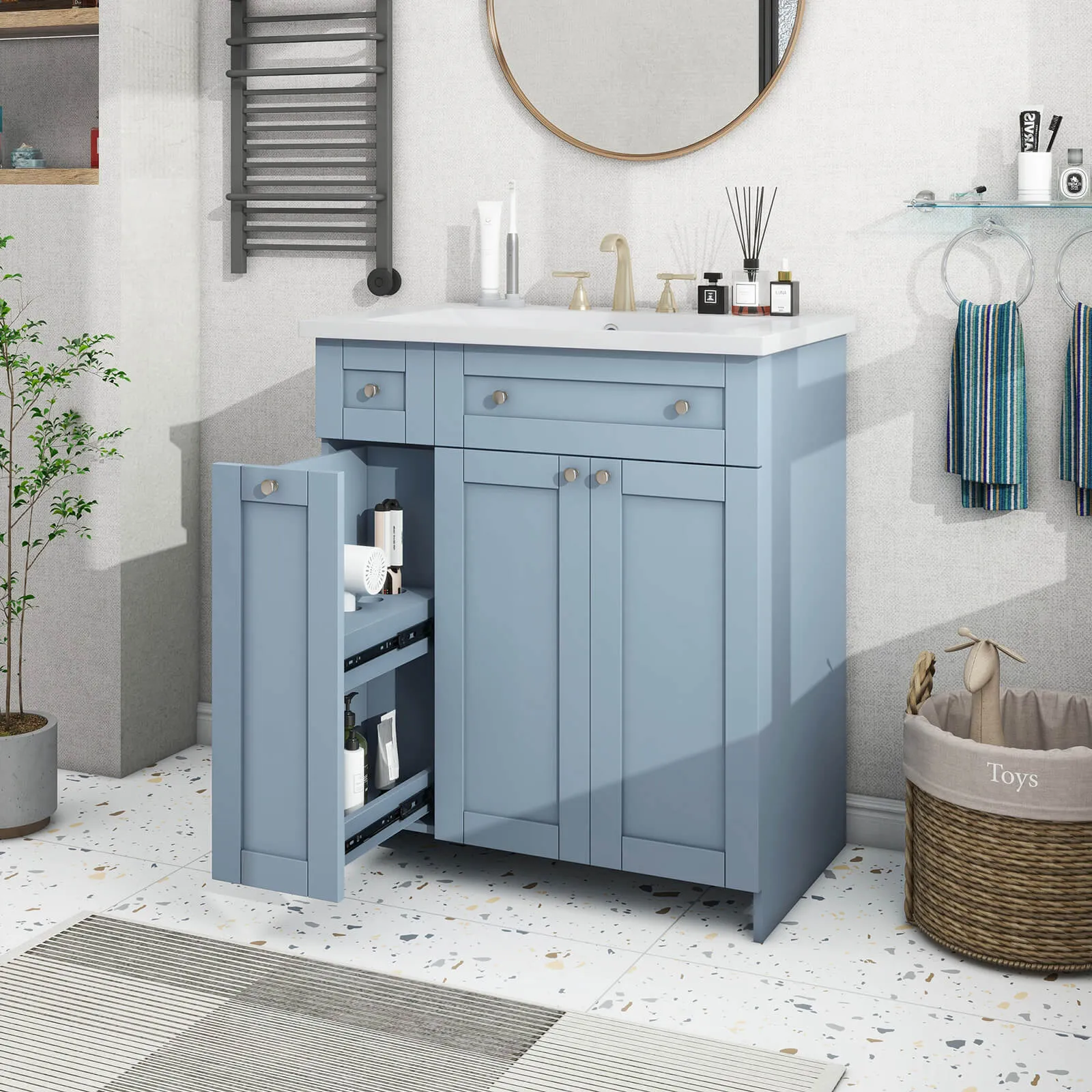 30" Blue Gray Bathroom Vanity with Soft-Close Doors