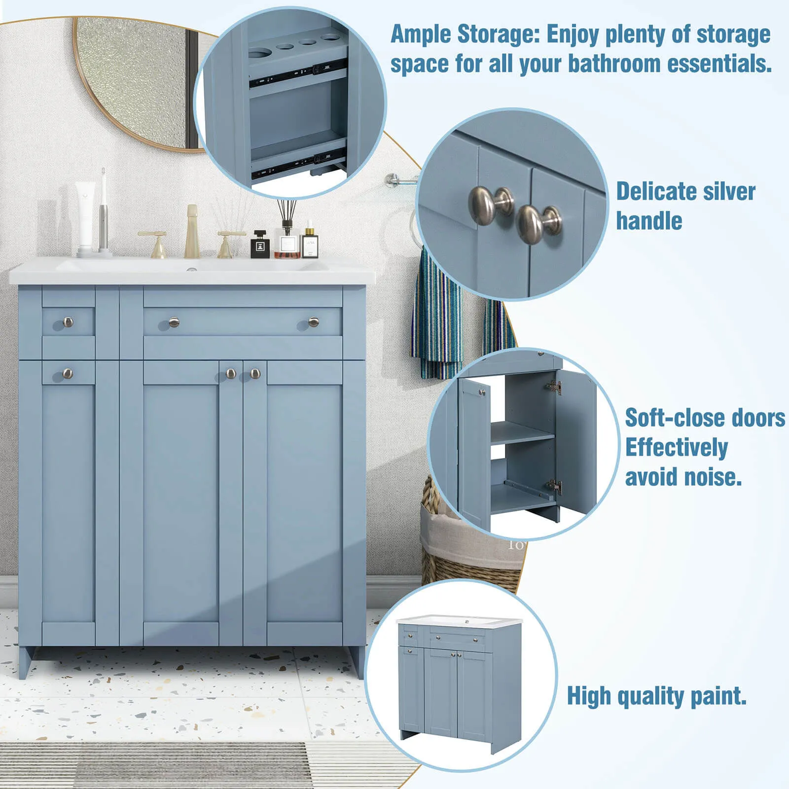 30" Blue Gray Bathroom Vanity with Soft-Close Doors