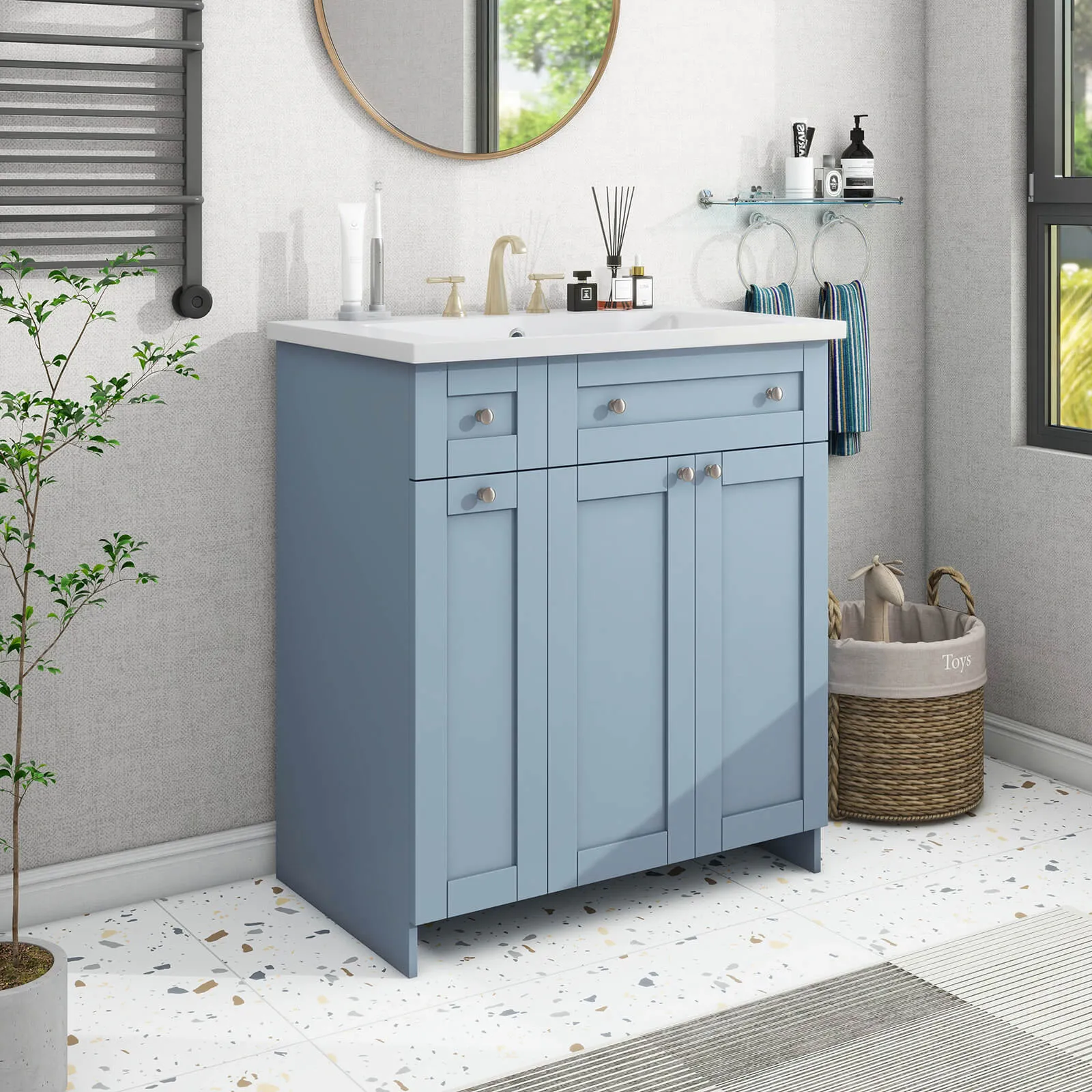 30" Blue Gray Bathroom Vanity with Soft-Close Doors