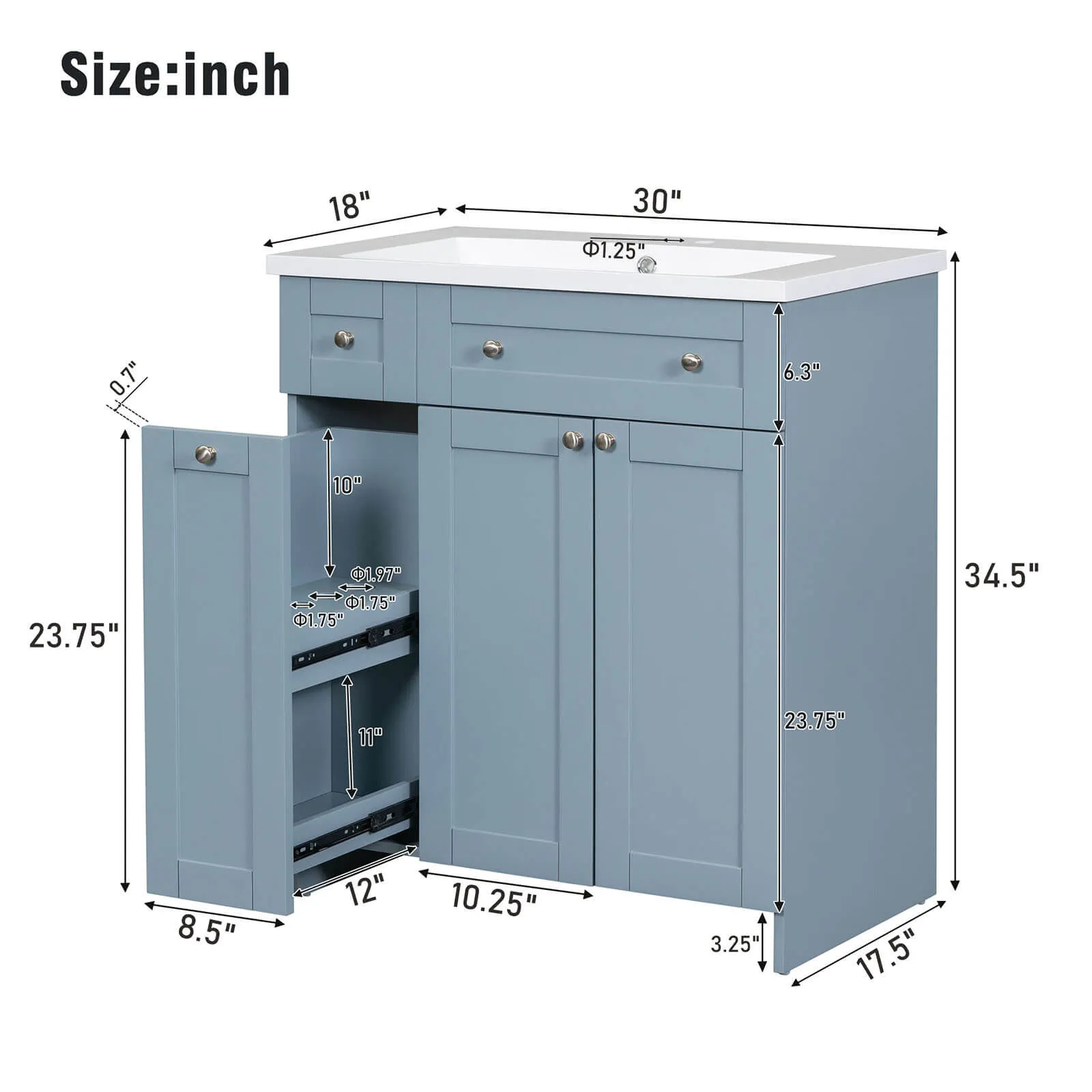 30" Blue Gray Bathroom Vanity with Soft-Close Doors