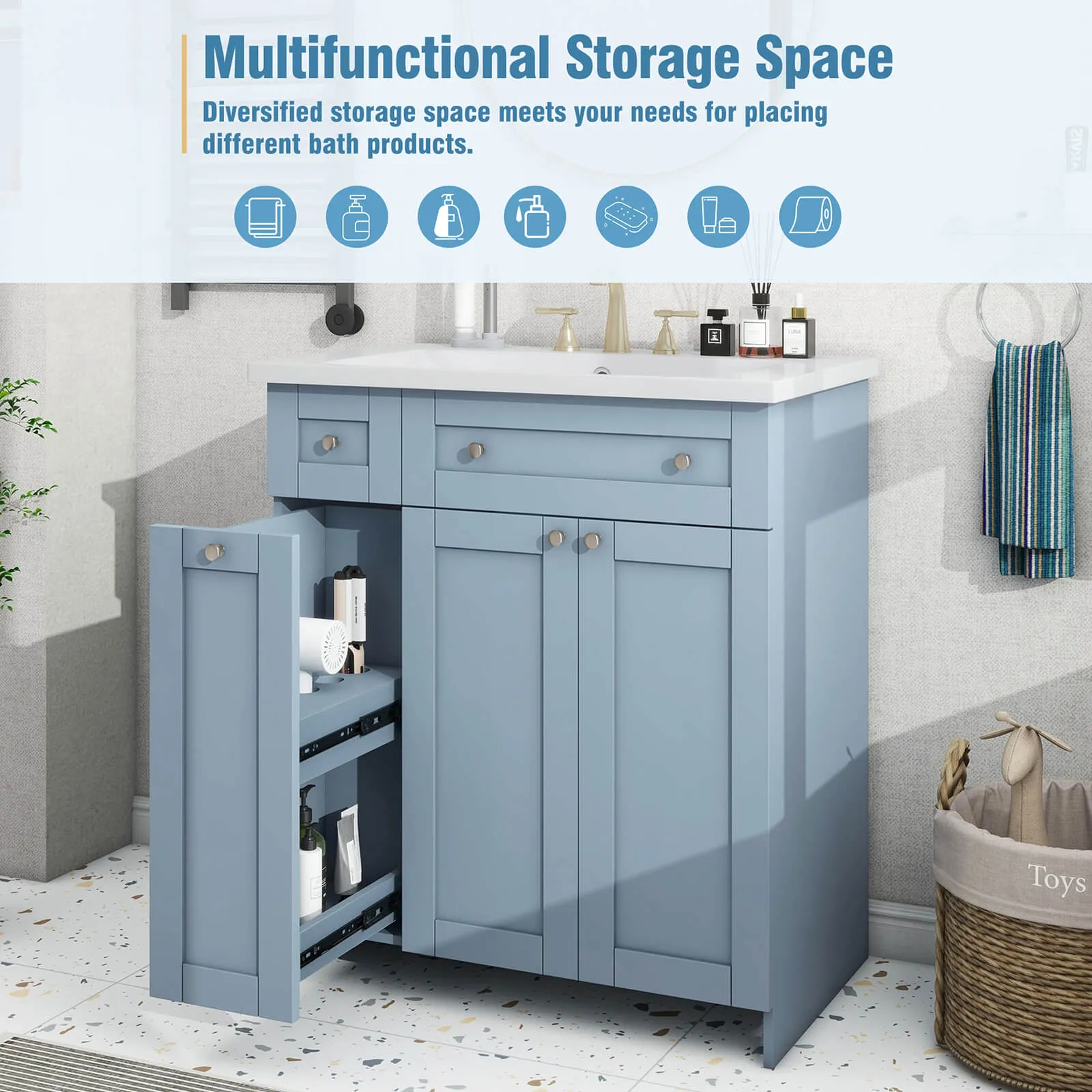 30" Blue Gray Bathroom Vanity with Soft-Close Doors