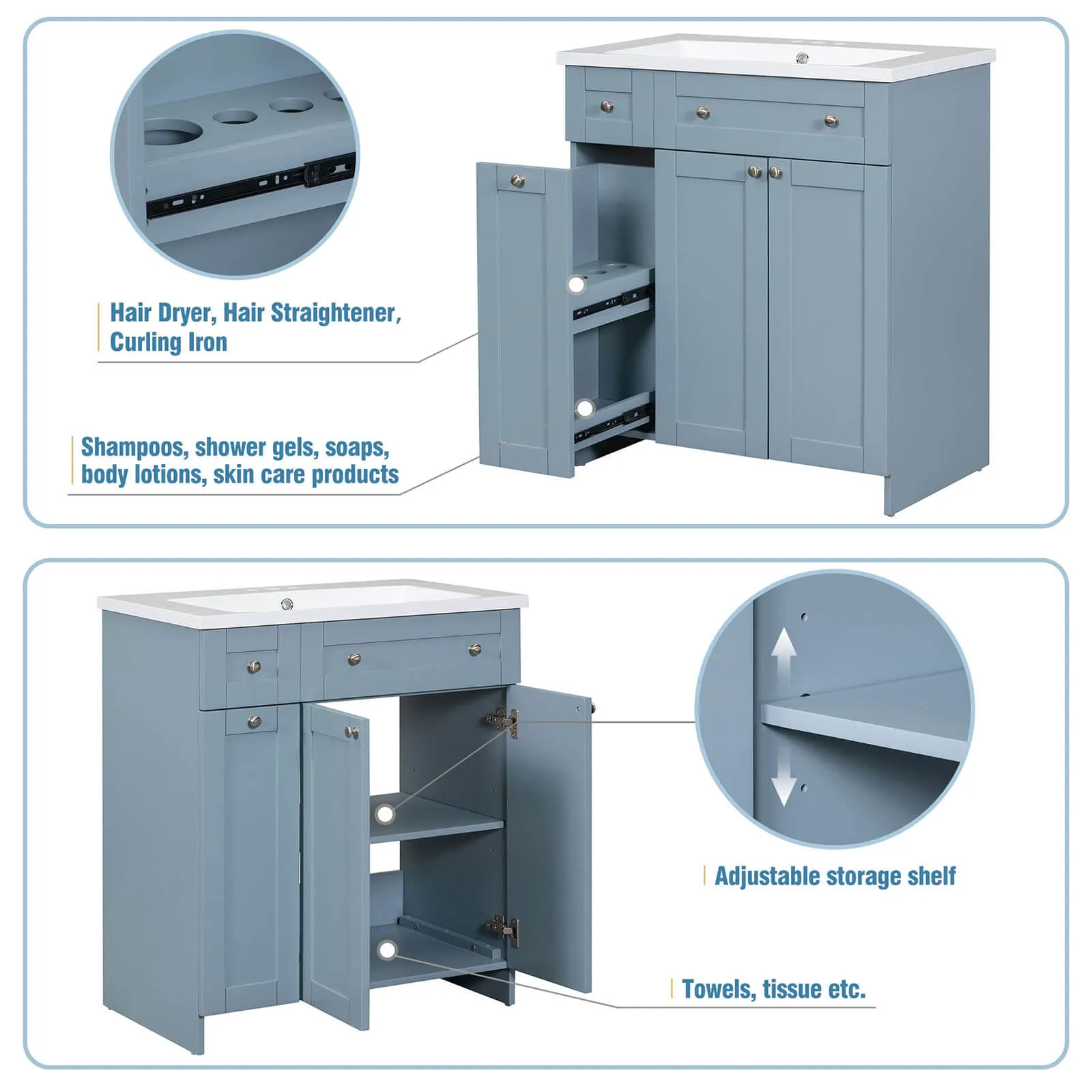 30" Blue Gray Bathroom Vanity with Soft-Close Doors