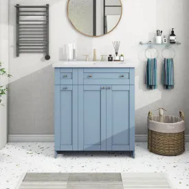 30" Blue Gray Bathroom Vanity with Soft-Close Doors