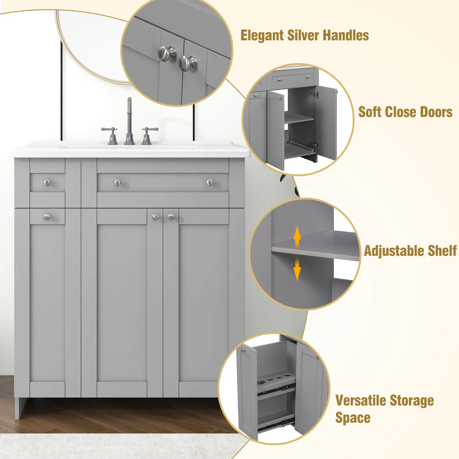 30" Gray Bathroom Vanity with Soft-Close Doors