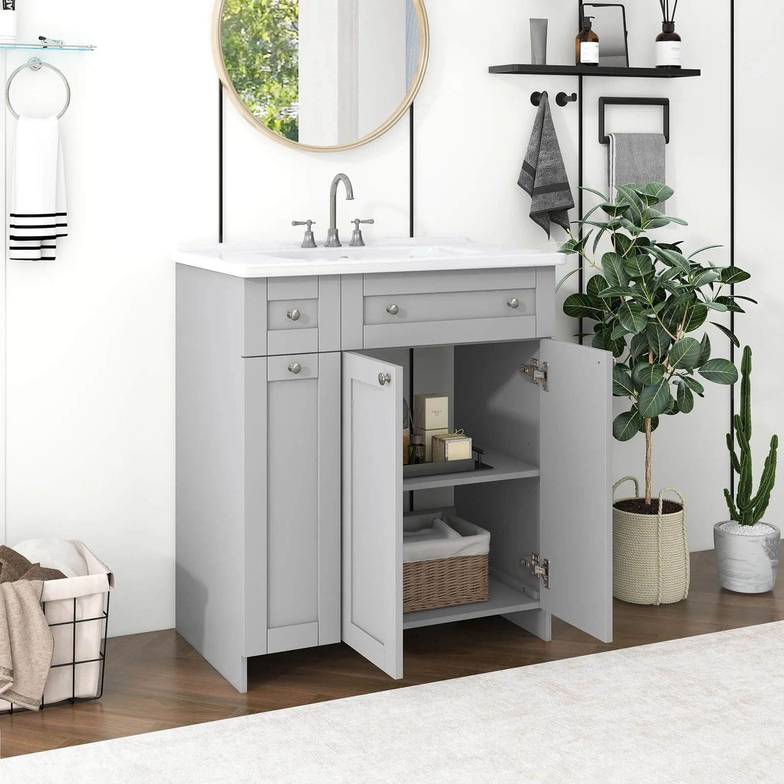 30" Gray Bathroom Vanity with Soft-Close Doors