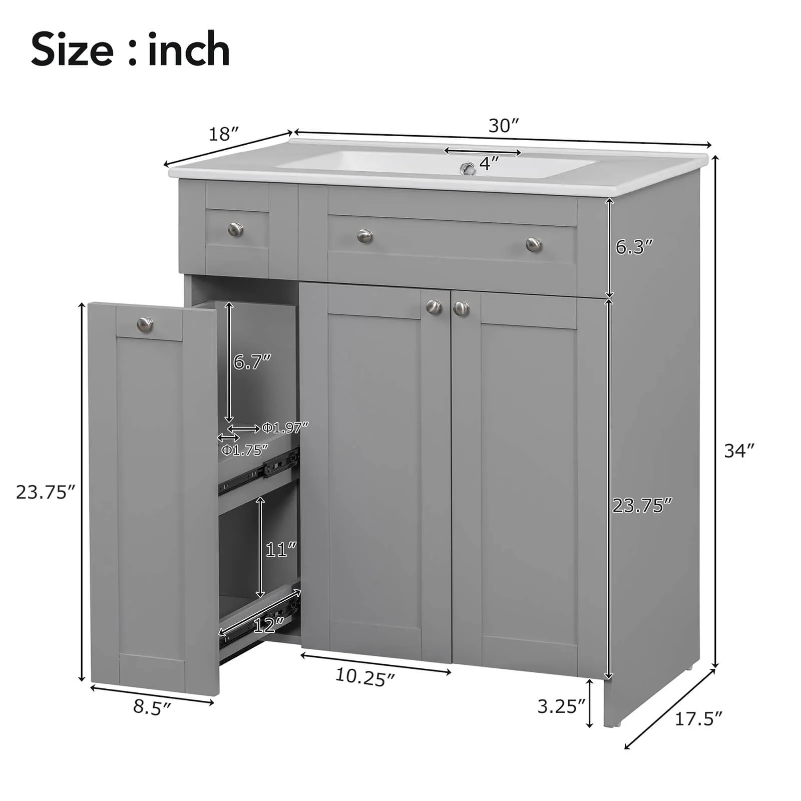 30" Gray Bathroom Vanity with Soft-Close Doors