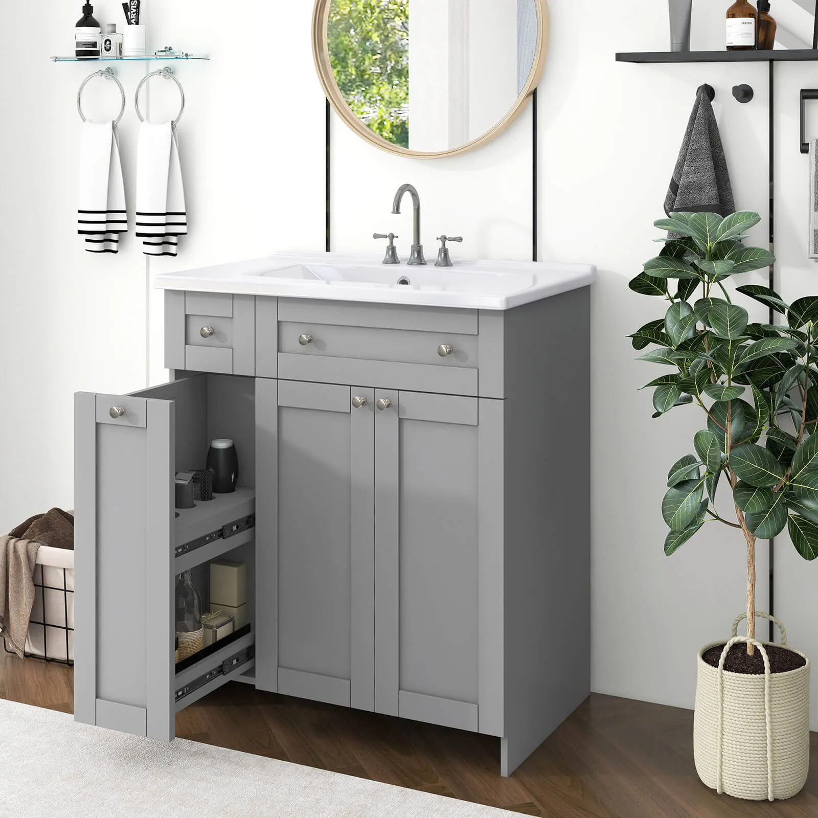 30" Gray Bathroom Vanity with Soft-Close Doors