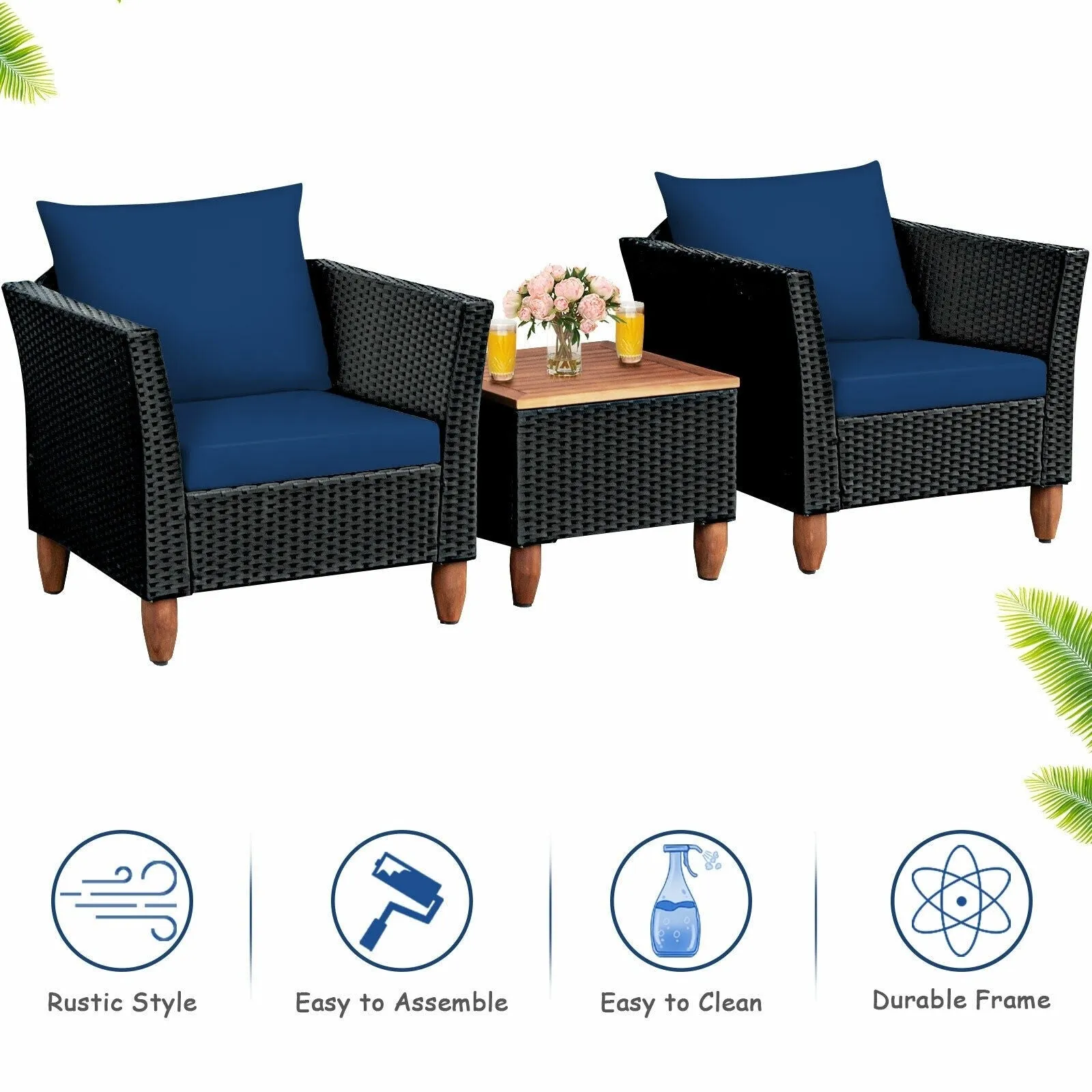 3pc Outdoor Patio Rattan Furniture Set - Navy