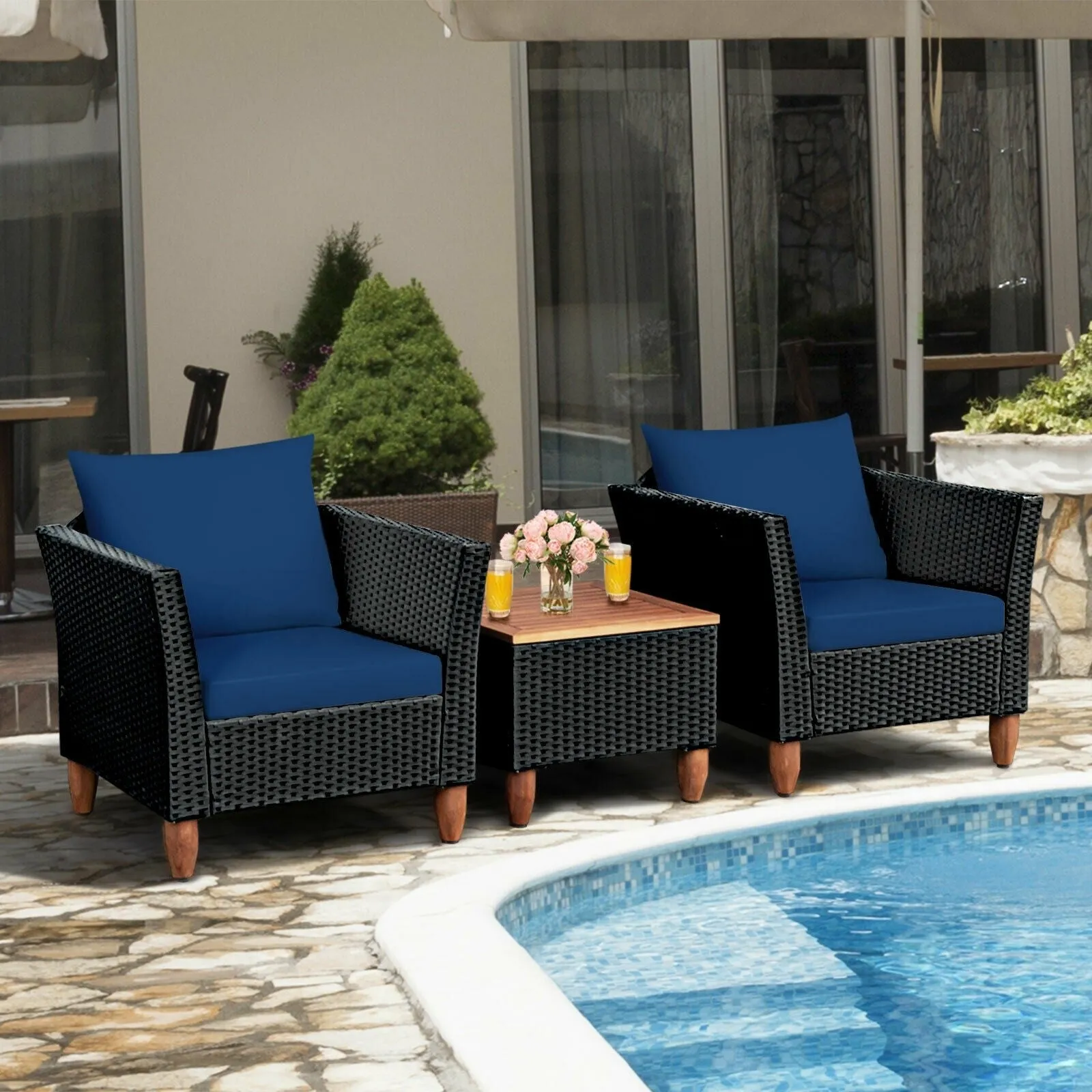 3pc Outdoor Patio Rattan Furniture Set - Navy