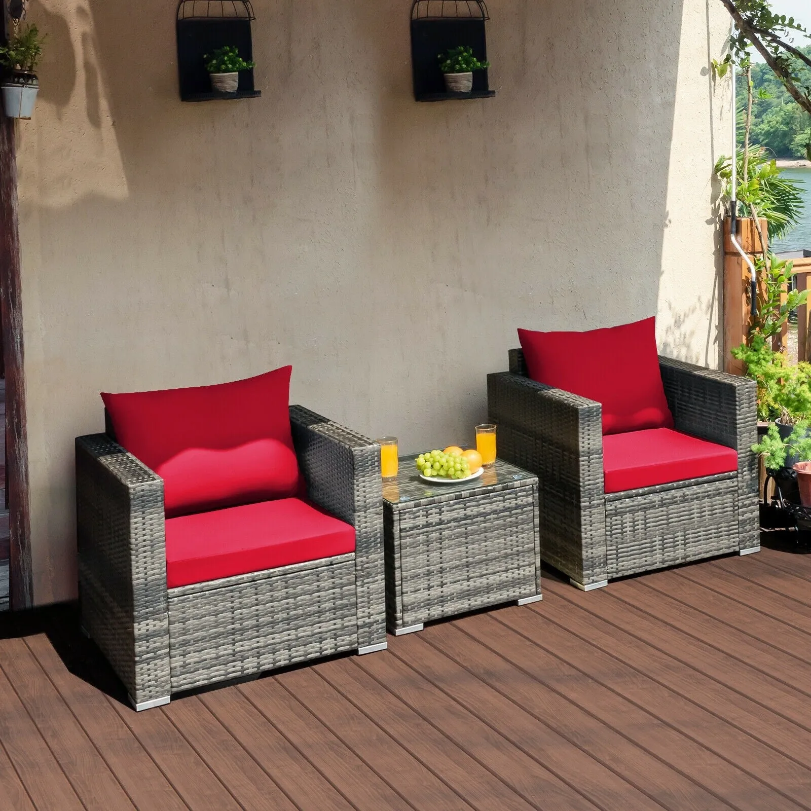 3pc Patio Rattan Sofa Set - Red