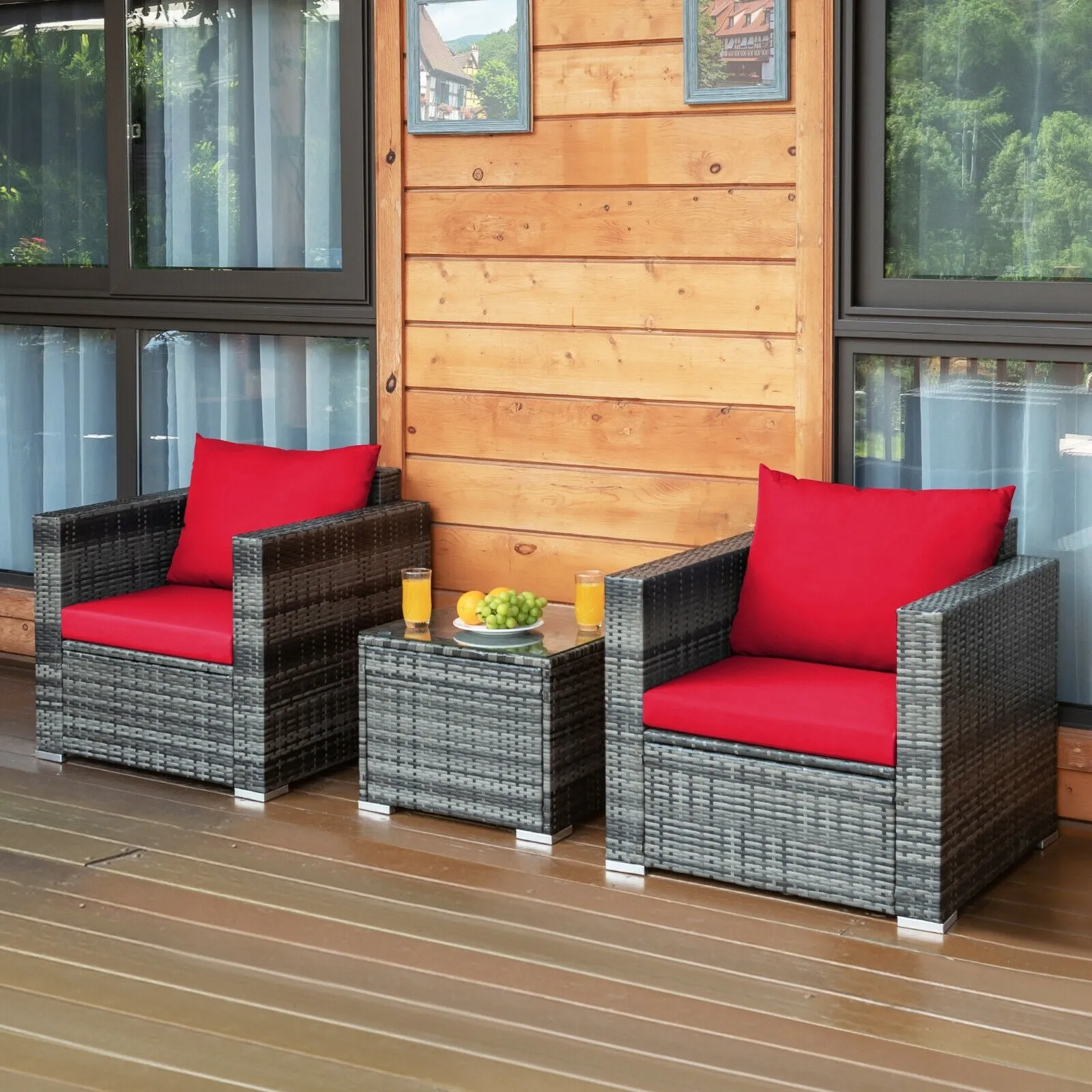 3pc Patio Rattan Sofa Set - Red