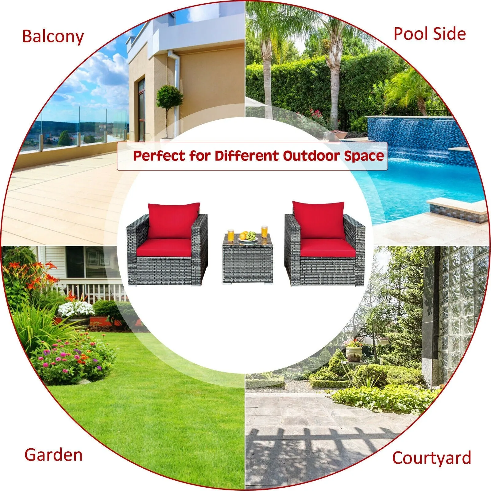 3pc Patio Rattan Sofa Set - Red