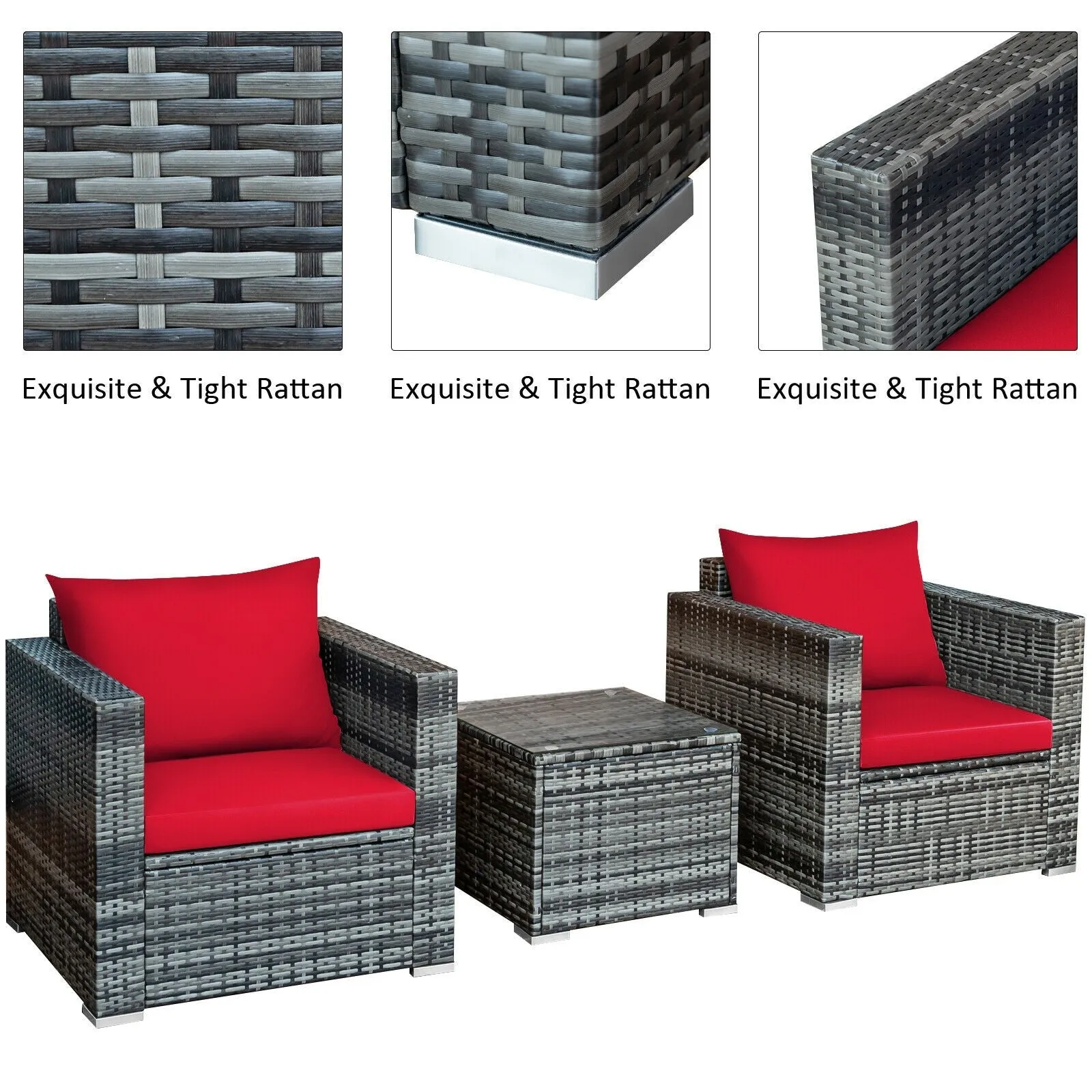 3pc Patio Rattan Sofa Set - Red