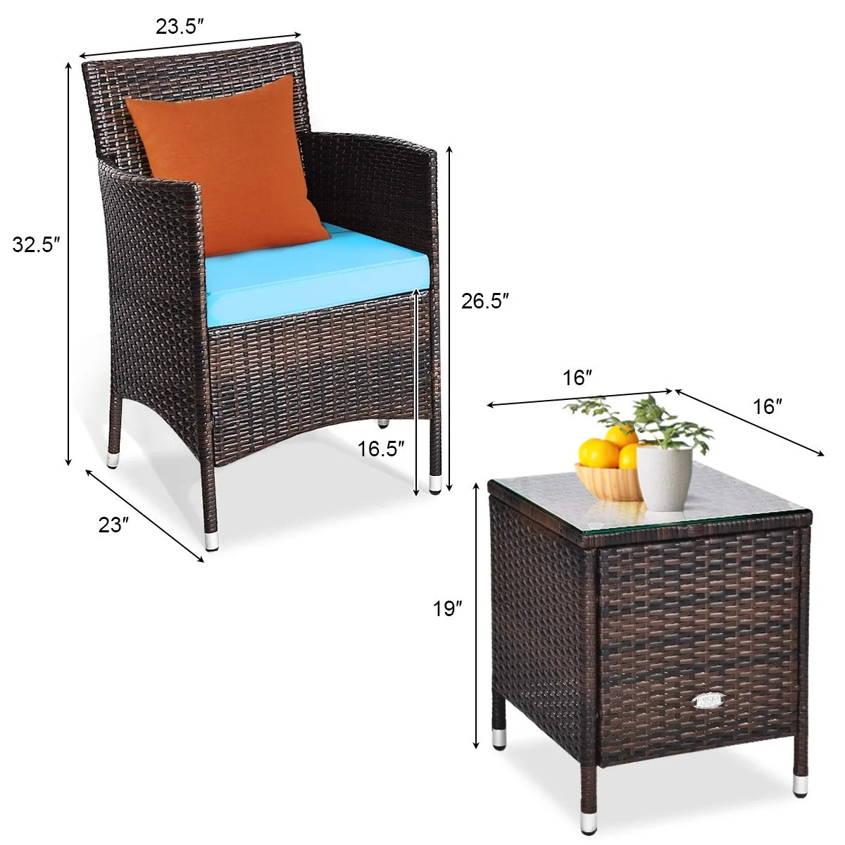 3pc Patio Wicker Rattan Outdoor Furniture Set - Turquoise