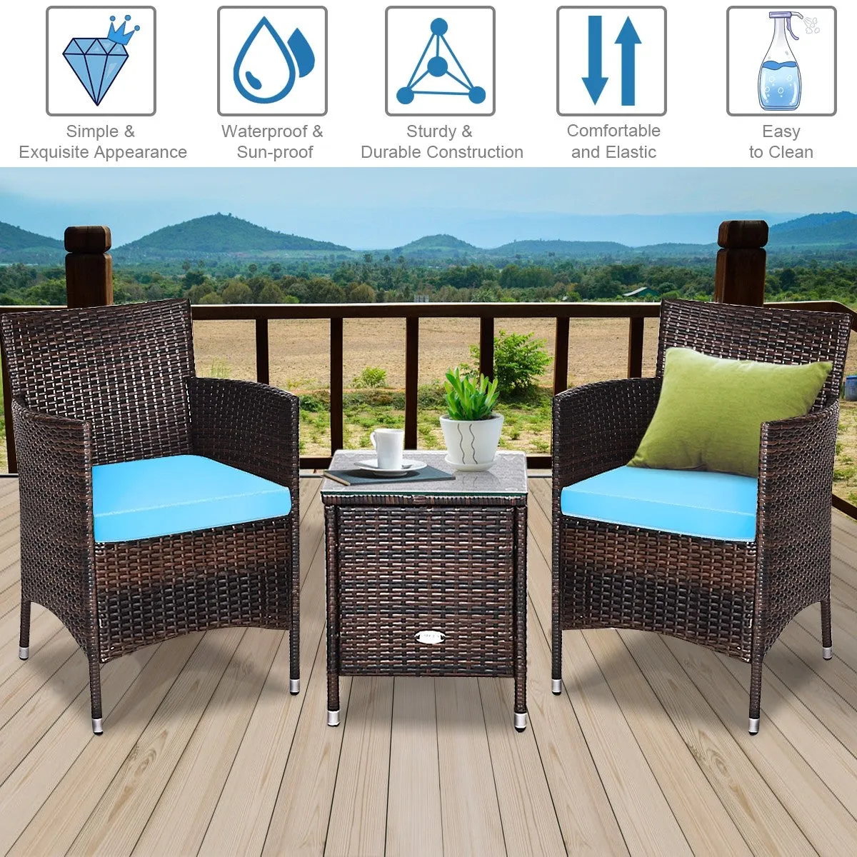 3pc Patio Wicker Rattan Outdoor Furniture Set - Turquoise