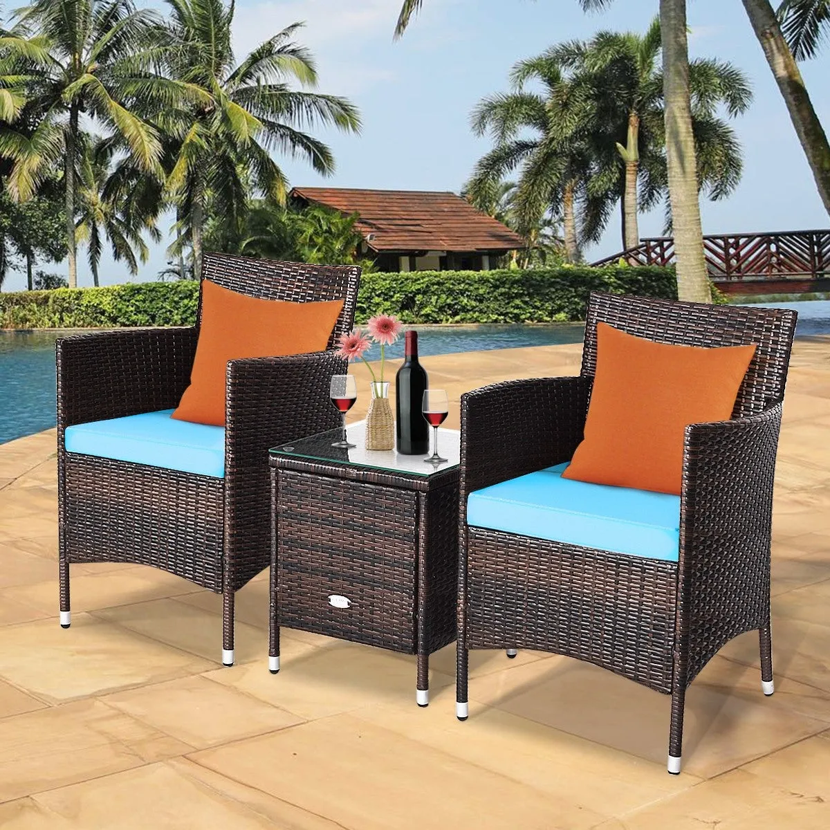 3pc Patio Wicker Rattan Outdoor Furniture Set - Turquoise