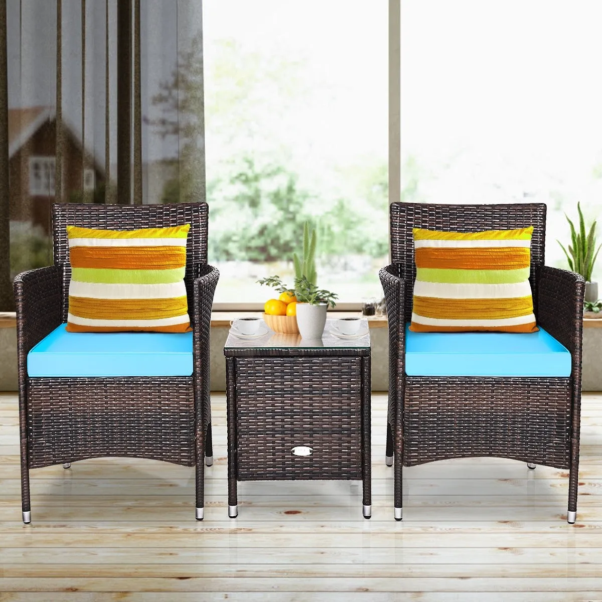 3pc Patio Wicker Rattan Outdoor Furniture Set - Turquoise