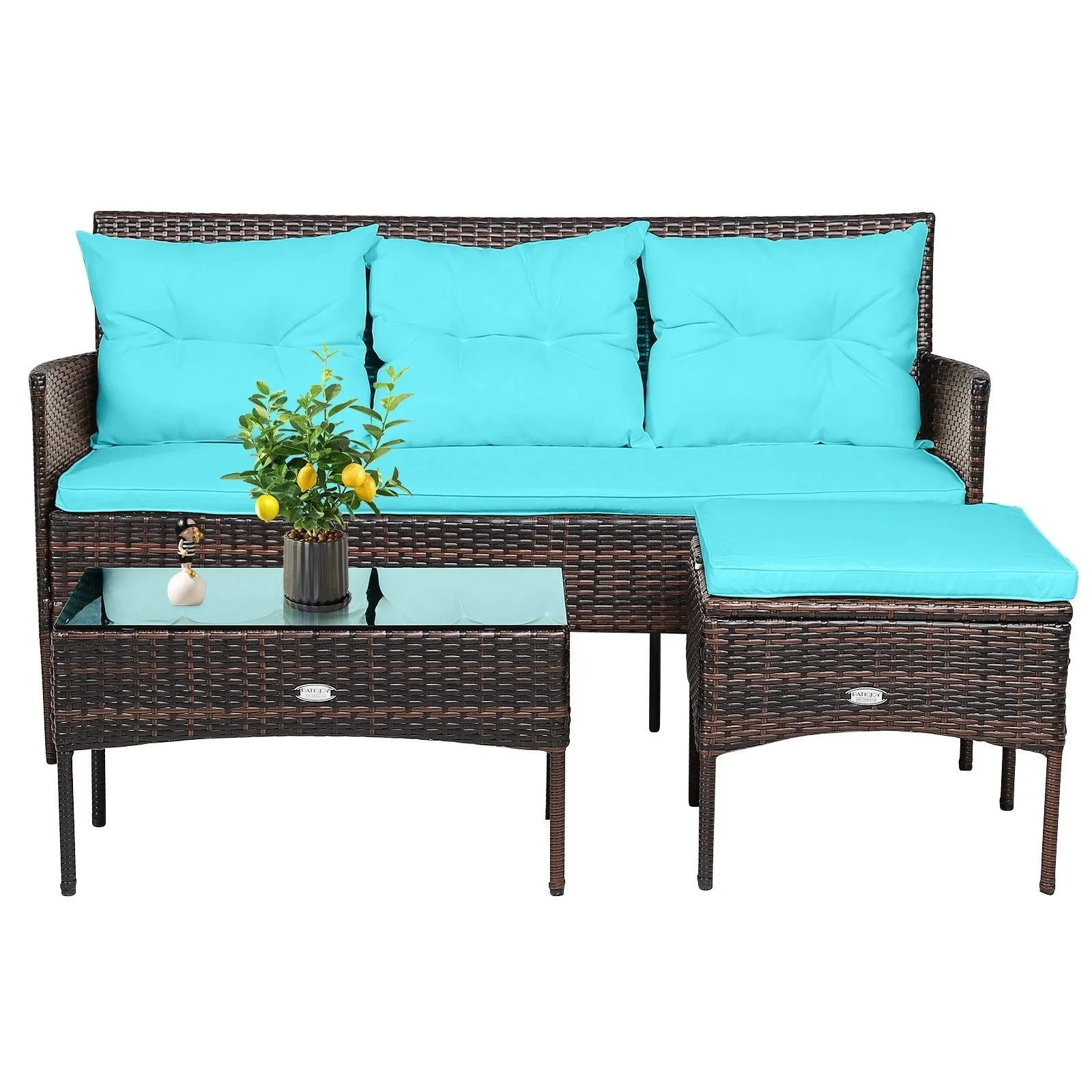 3pc Wicker Rattan Patio Conversation Set - Turquoise