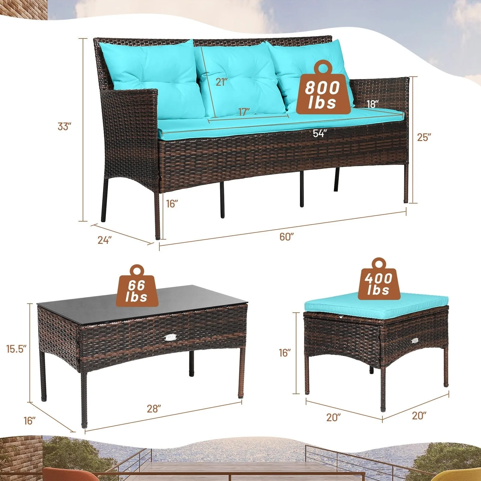 3pc Wicker Rattan Patio Conversation Set - Turquoise