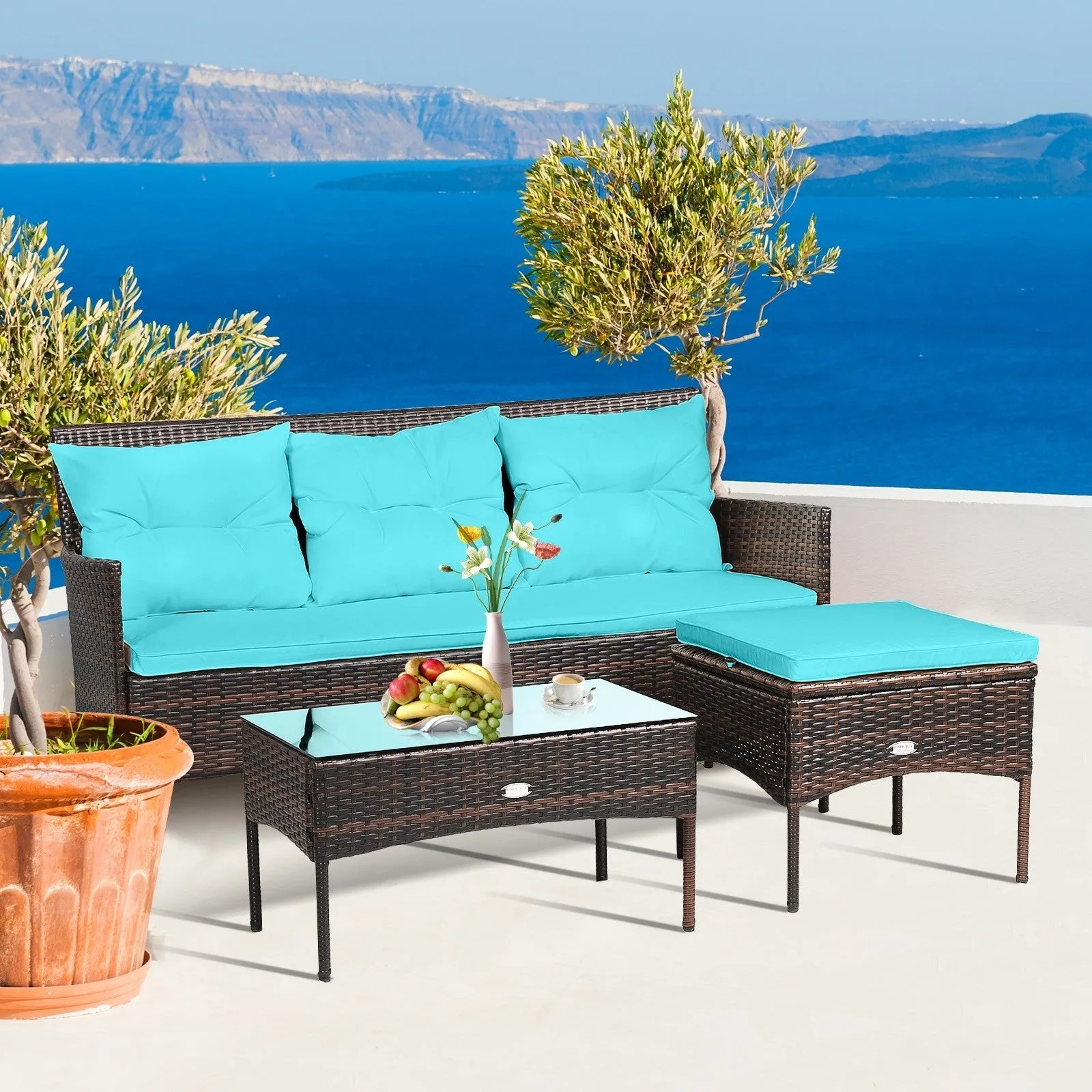 3pc Wicker Rattan Patio Conversation Set - Turquoise