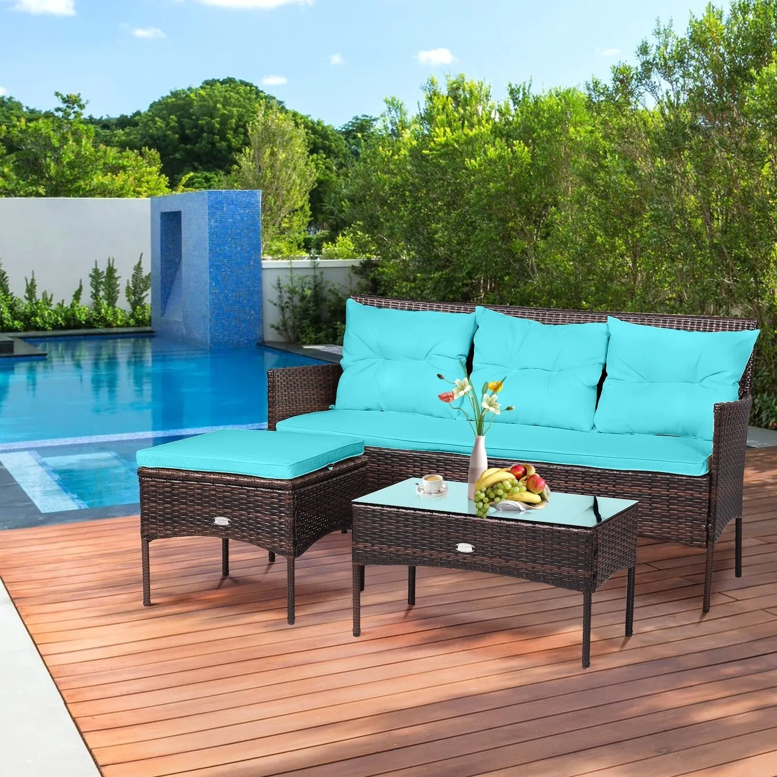 3pc Wicker Rattan Patio Conversation Set - Turquoise