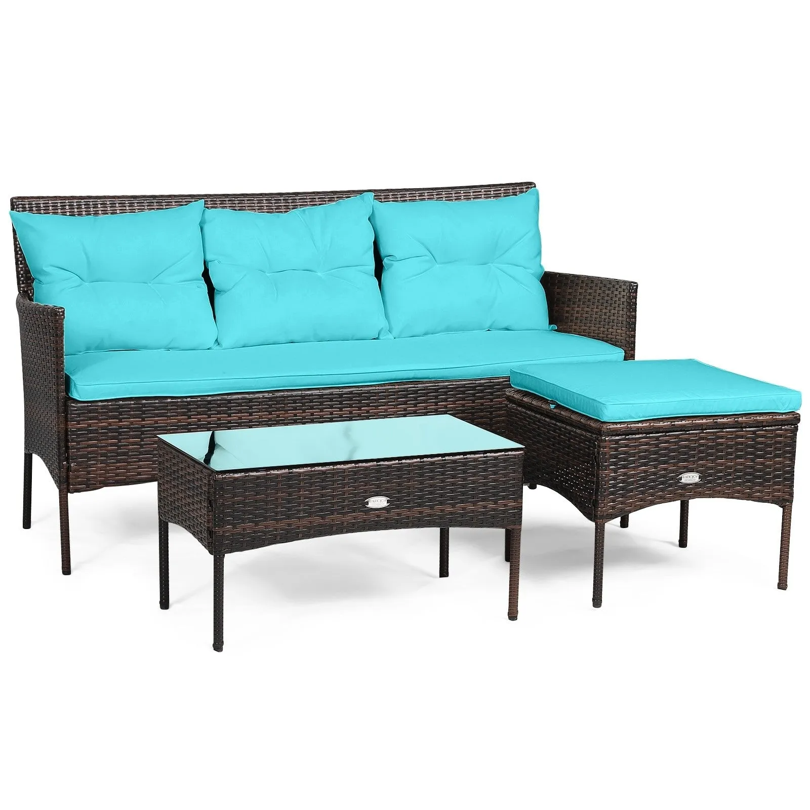 3pc Wicker Rattan Patio Conversation Set - Turquoise