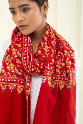 Bahaar Carmine Red Jaali Embroidered Pashmina Stole