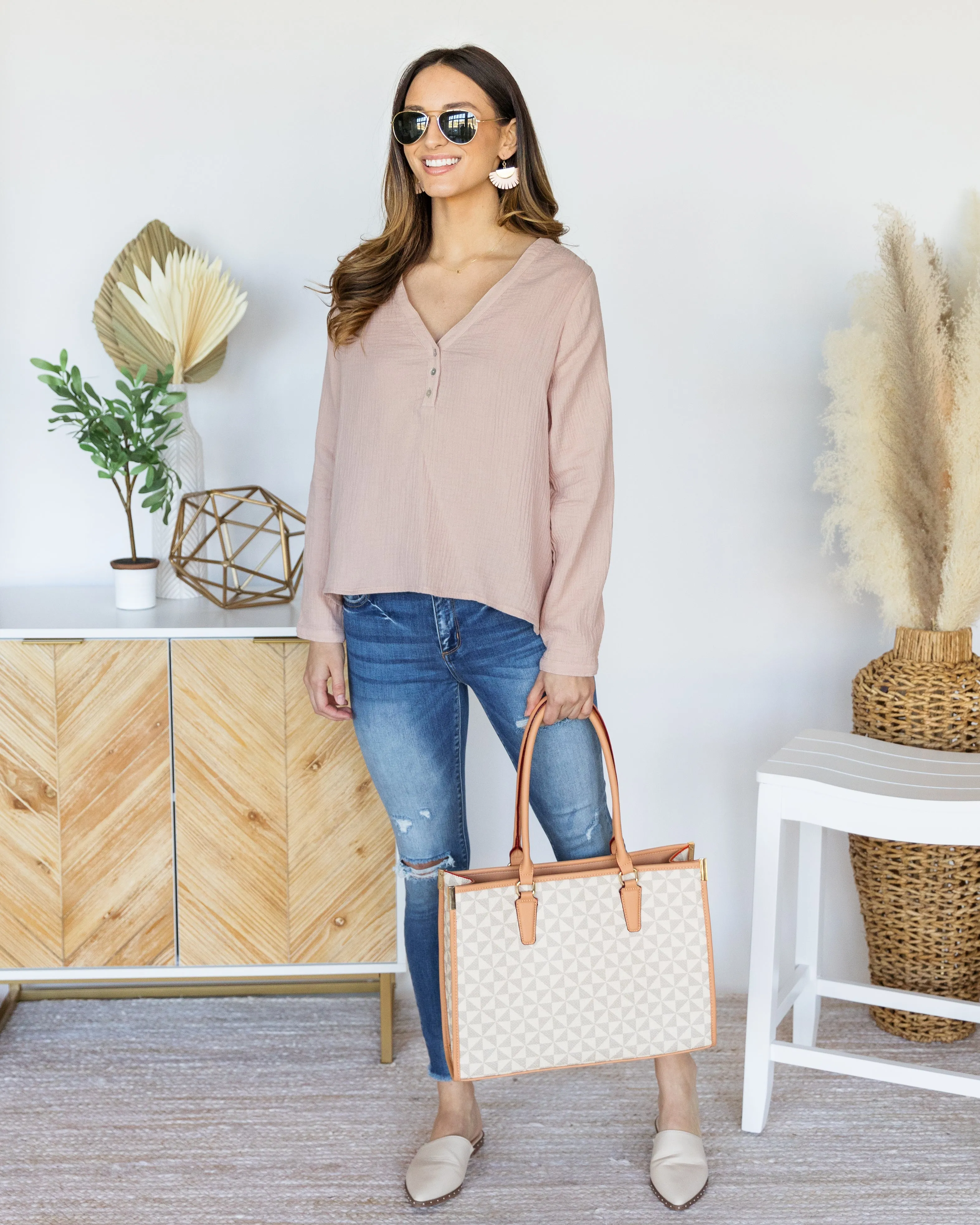 Beckie Button Top - Taupe