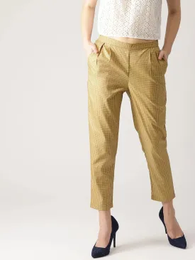 Beige Checkered Polyester Trousers