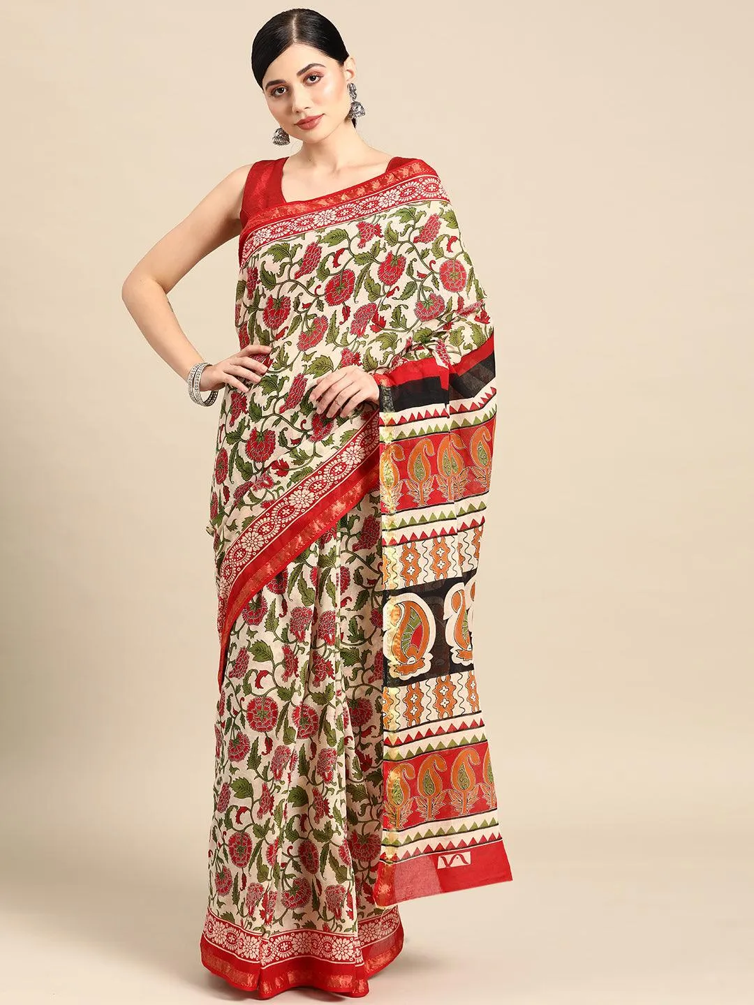 Beige Printed Cotton Saree