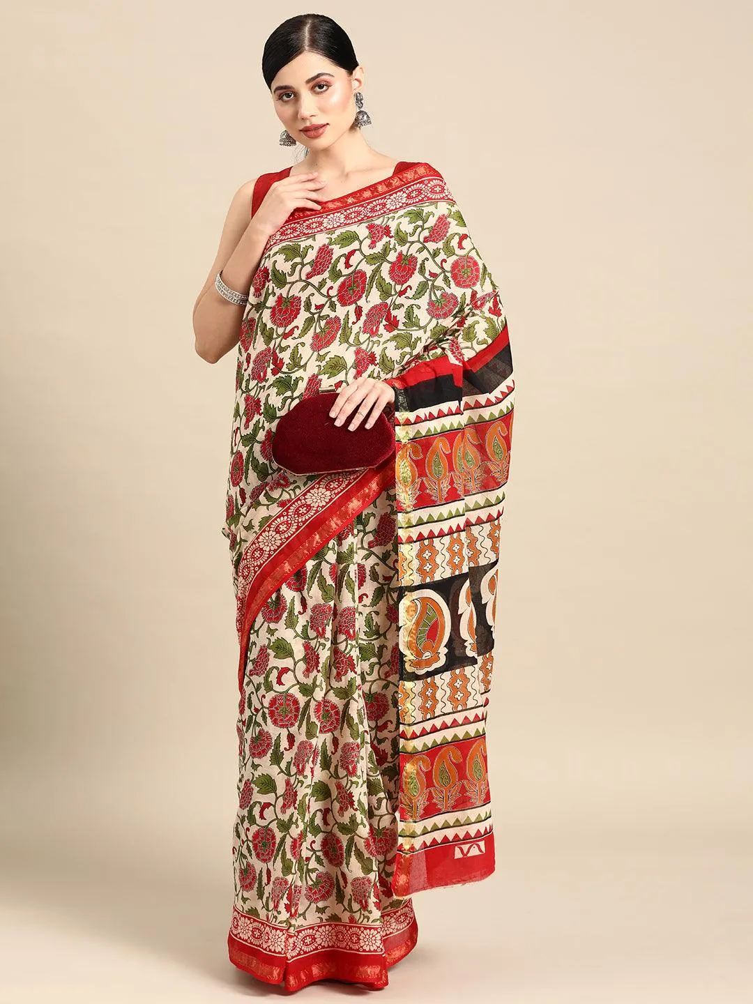 Beige Printed Cotton Saree