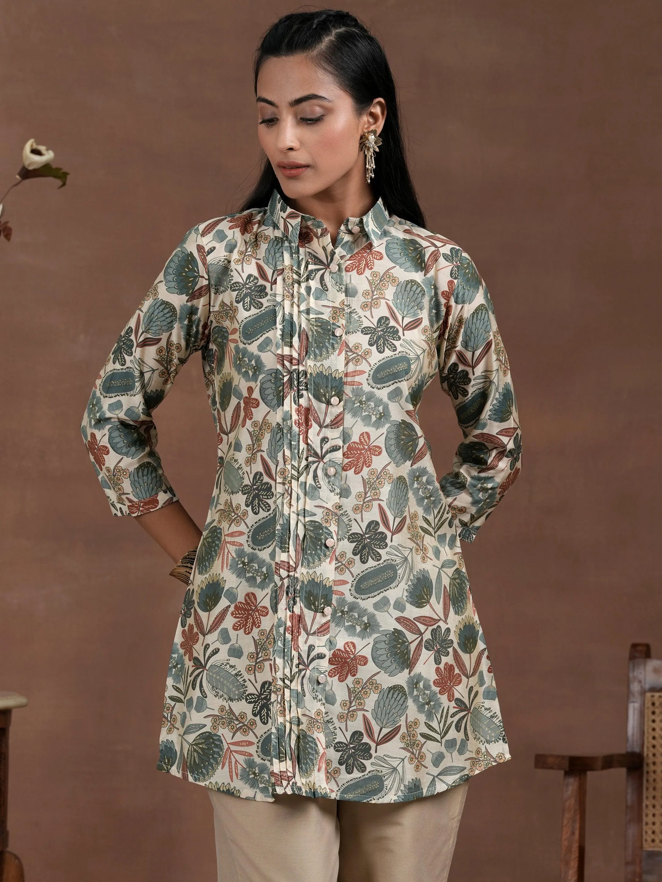 Beige Printed Silk Blend Straight Kurti