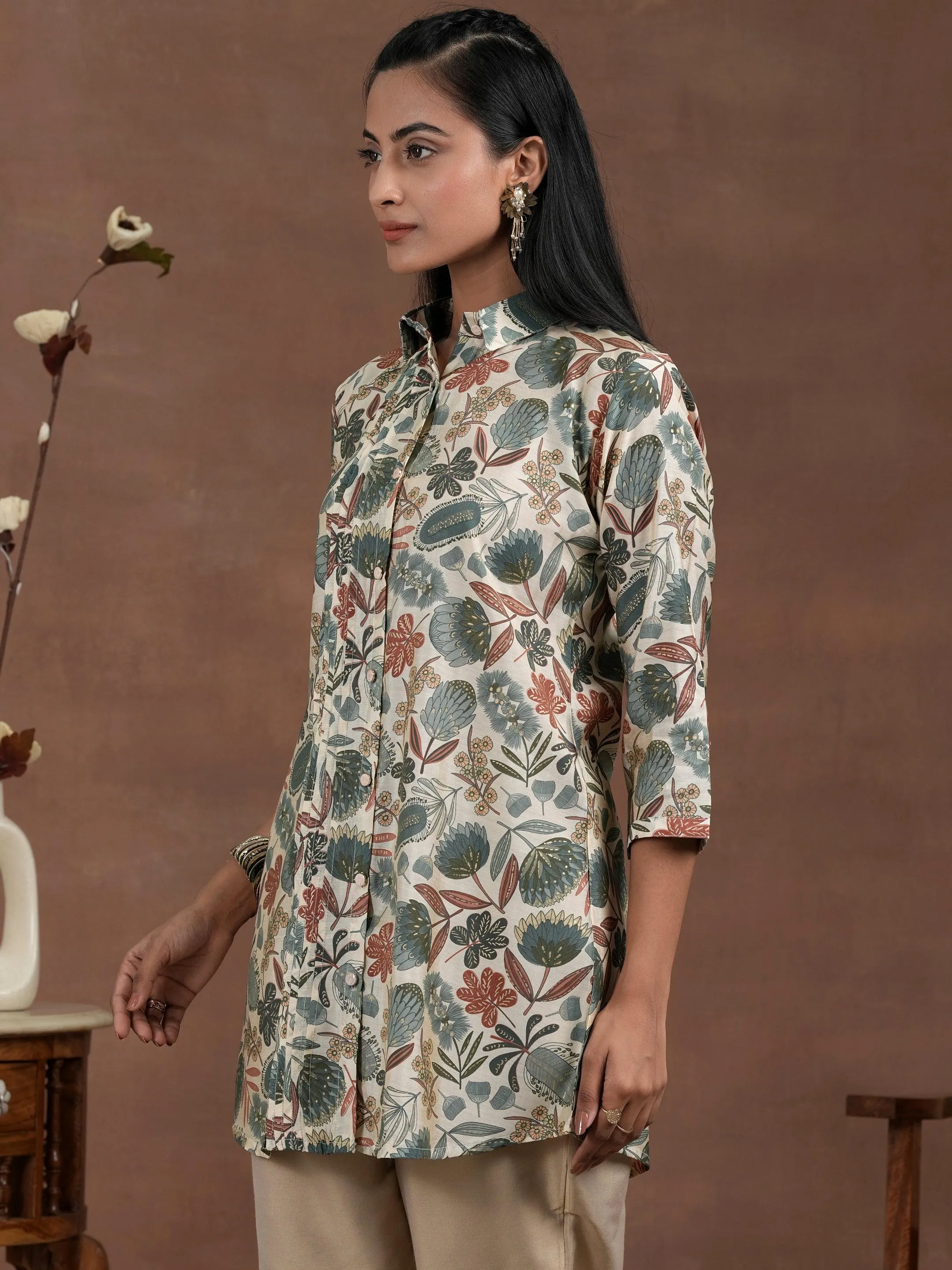 Beige Printed Silk Blend Straight Kurti