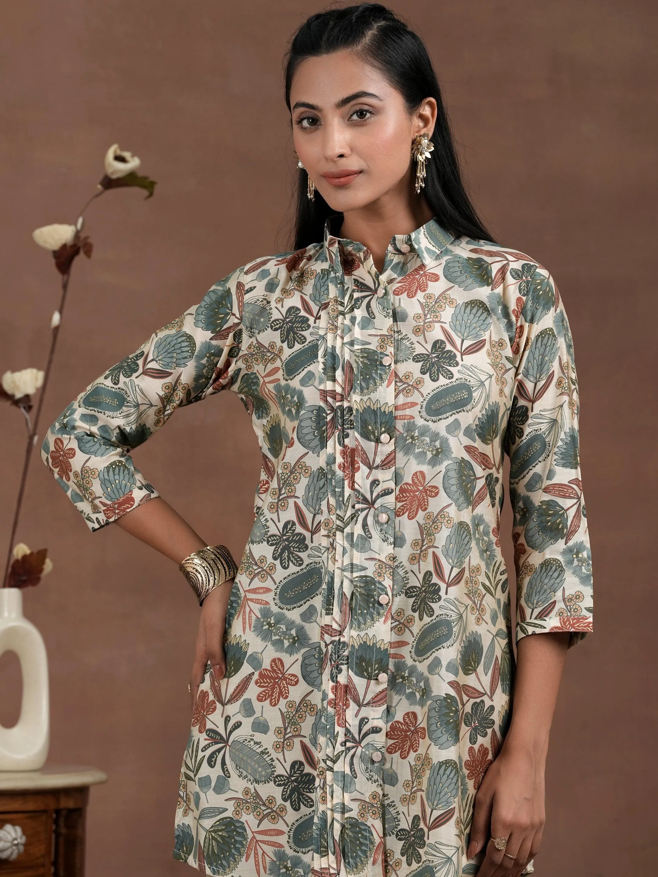 Beige Printed Silk Blend Straight Kurti