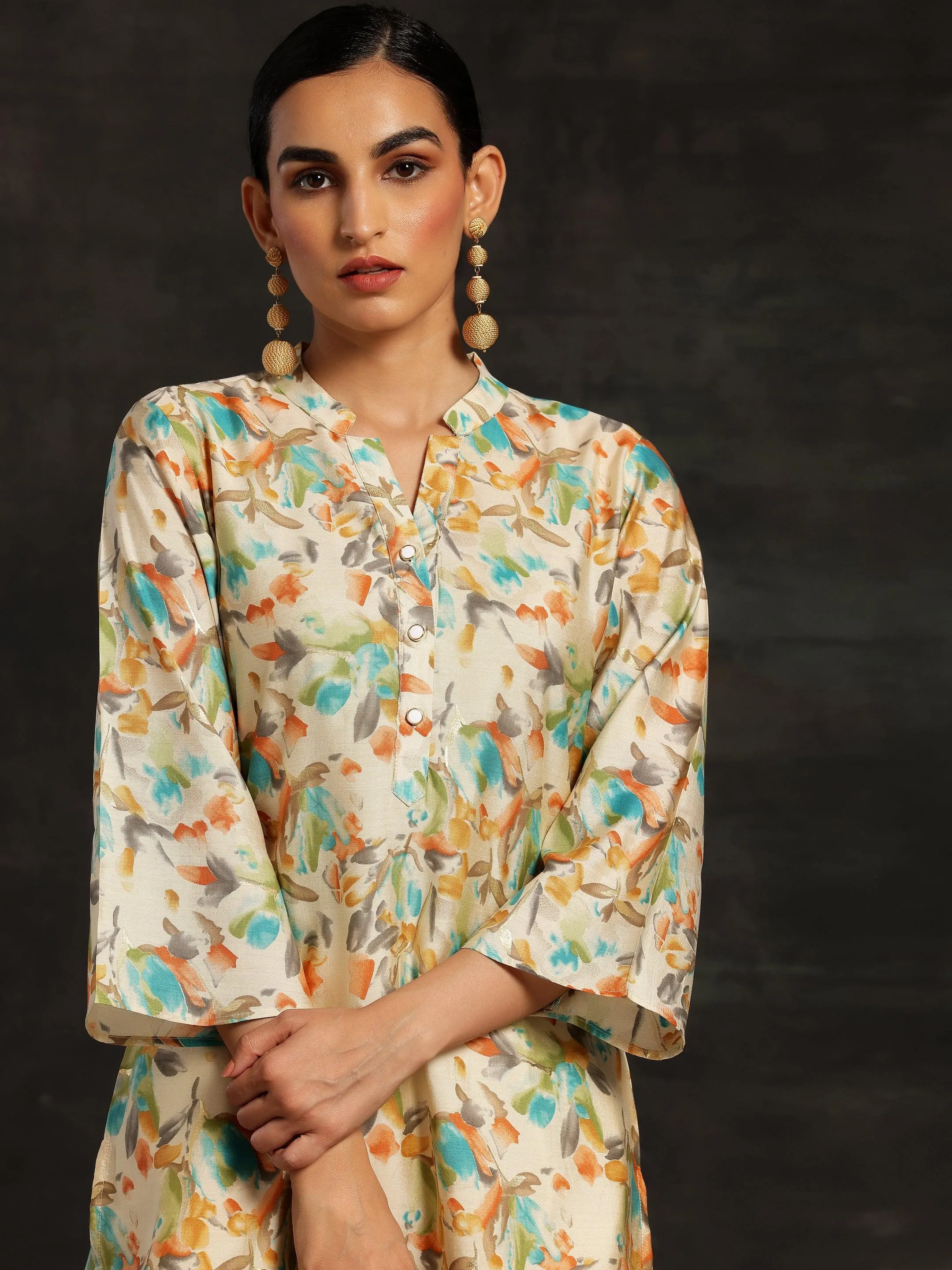 Beige Printed Silk Blend Straight Kurtis