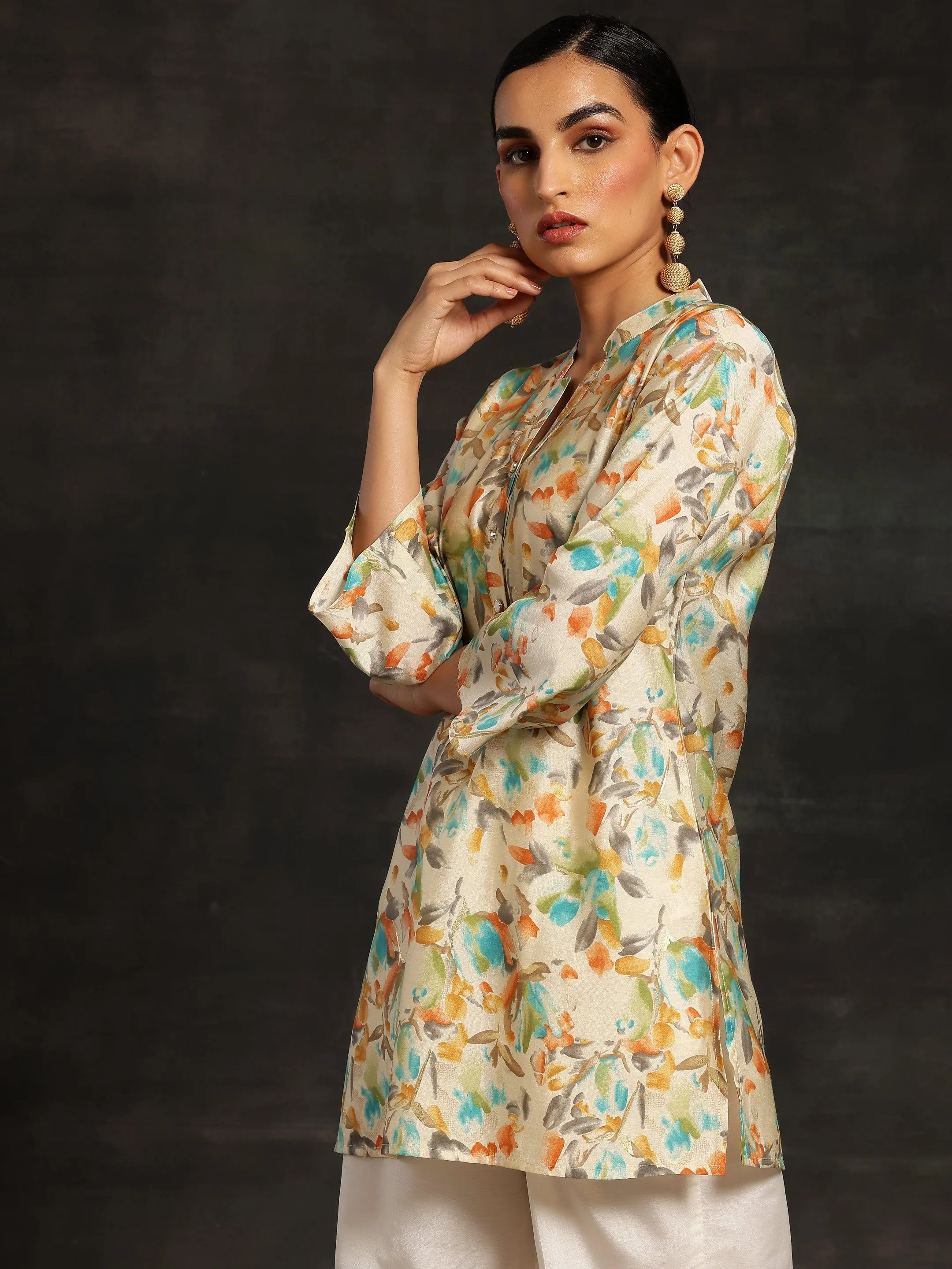 Beige Printed Silk Blend Straight Kurtis