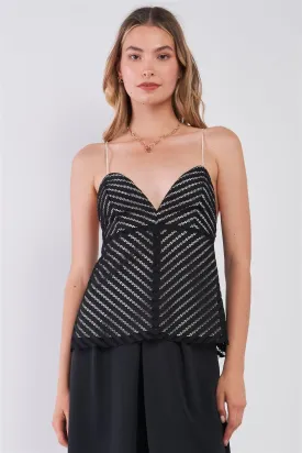 Black & White Sleeveless Striped Crocheted Sweetheart Neckline Self-Tie Spaghetti Straps Fit & Flare Top /1-2-2-1