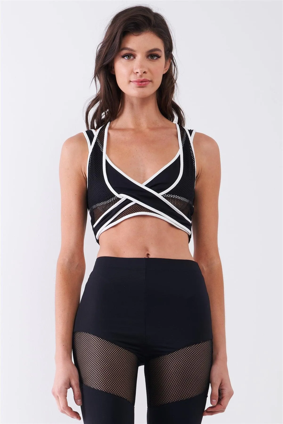 Black Combined Sheer Net Mesh Sleeveless Overlapping Racer Back Sports Bra Crop Top /4-2