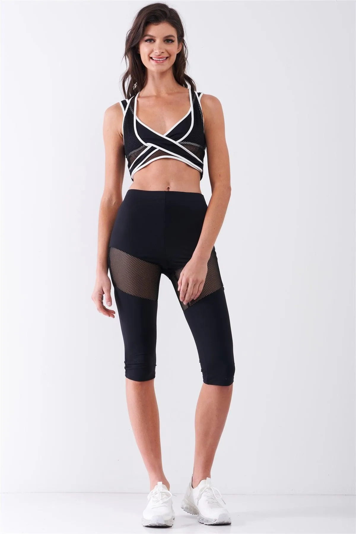 Black Combined Sheer Net Mesh Sleeveless Overlapping Racer Back Sports Bra Crop Top /4-2