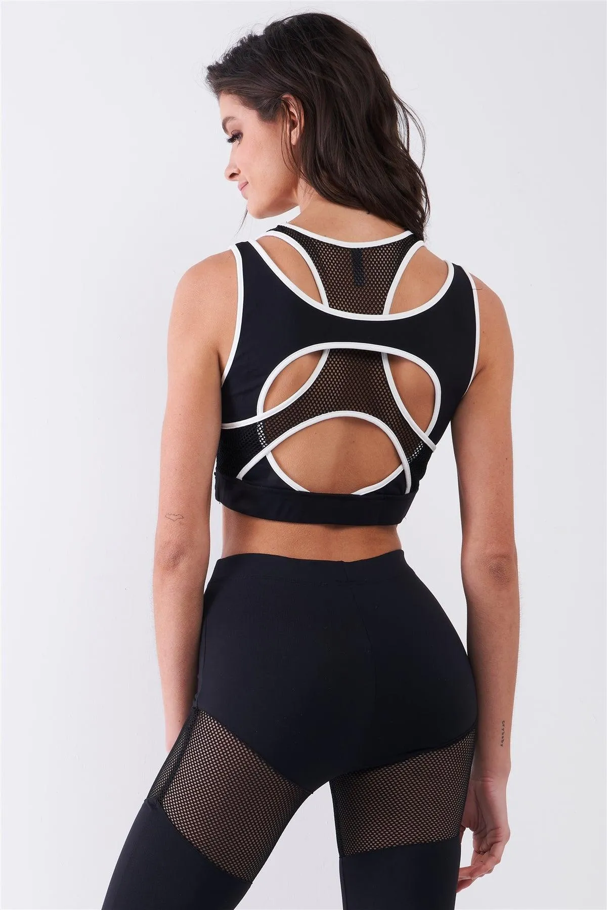 Black Combined Sheer Net Mesh Sleeveless Overlapping Racer Back Sports Bra Crop Top /4-2