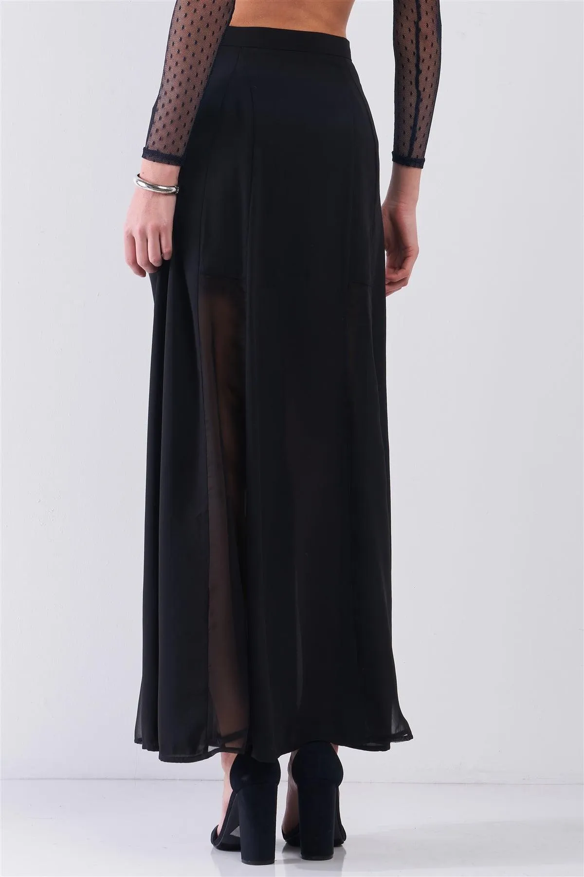 Black Combo Sheer Mesh Cut-Ins High Waist Maxi Skirt /1-2-1